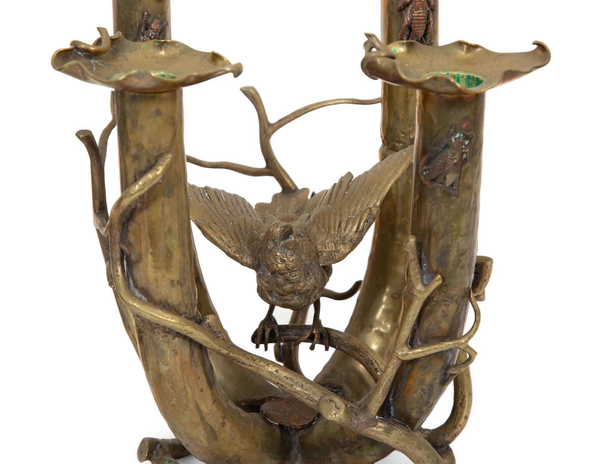 A Pair of Cast Brass Four-Light Candelabra with Birds and Insects