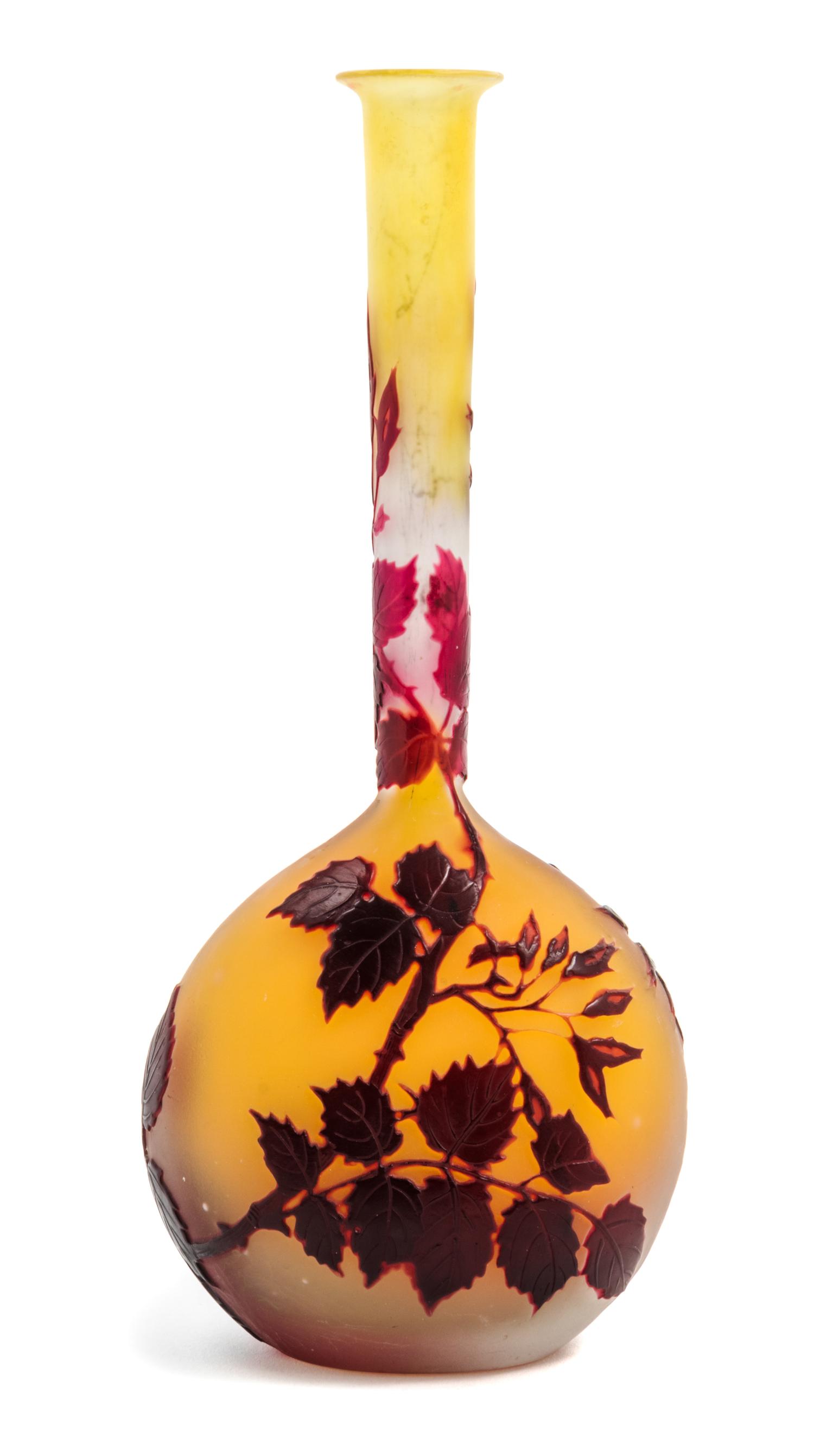 Emile Galle, (French, 1846-1904), a cameo glass vase, of banjo form with foliate decoration