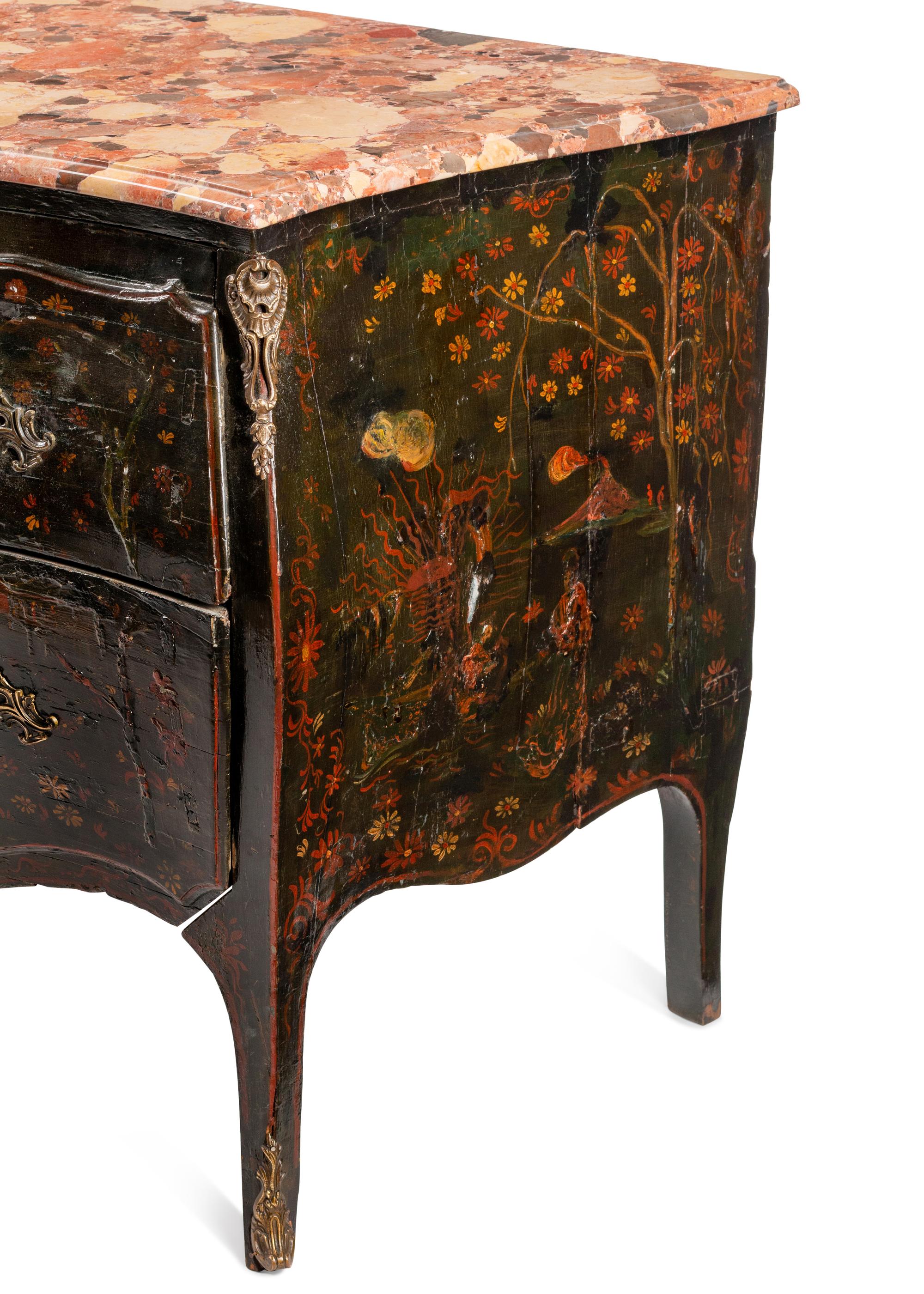 A Louis XV Gilt Bronze Mounted Painted Marble-Top Commode