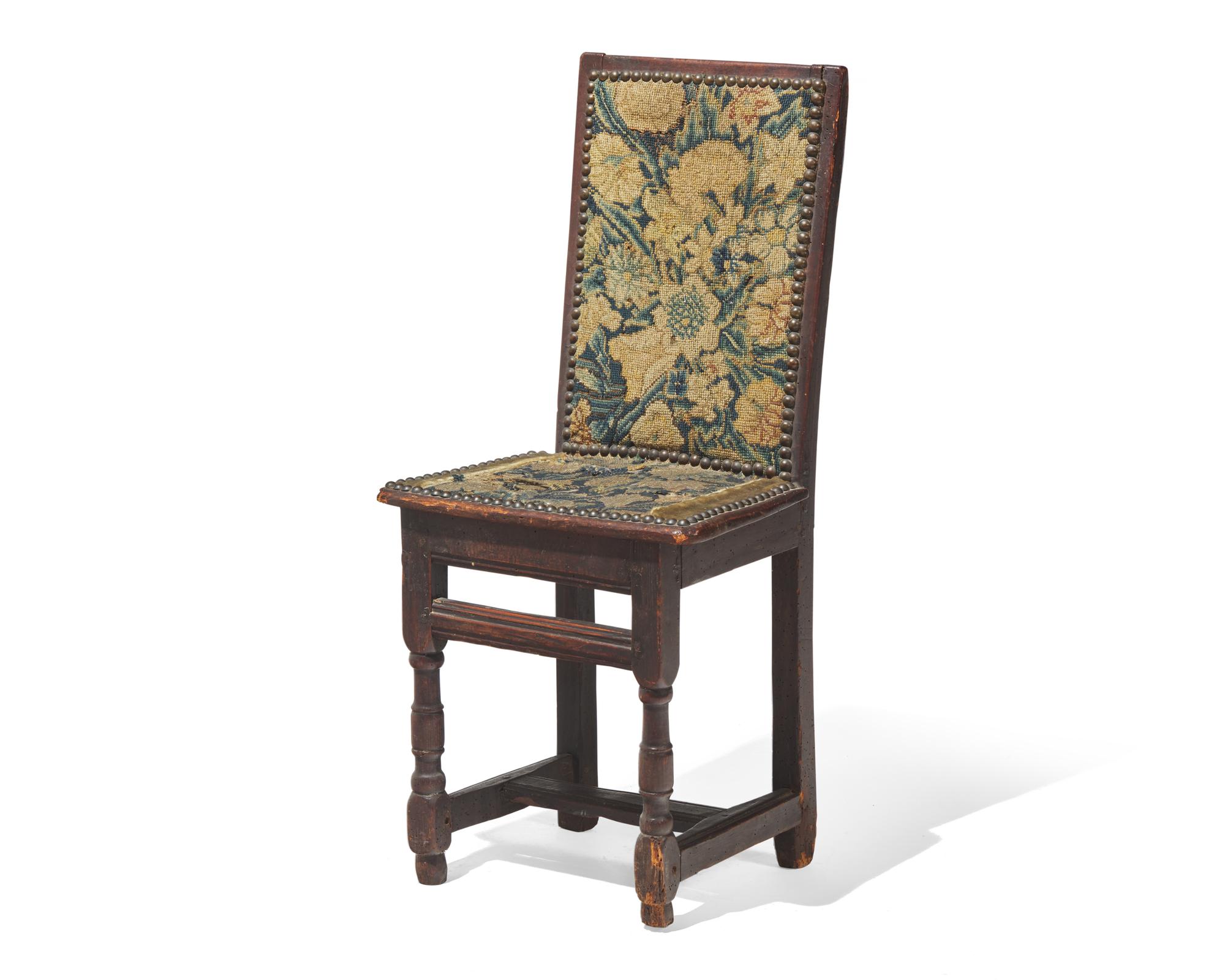A Charles II Oak Backstool with Early Petit Point Upholstery, Second Half 17th Century