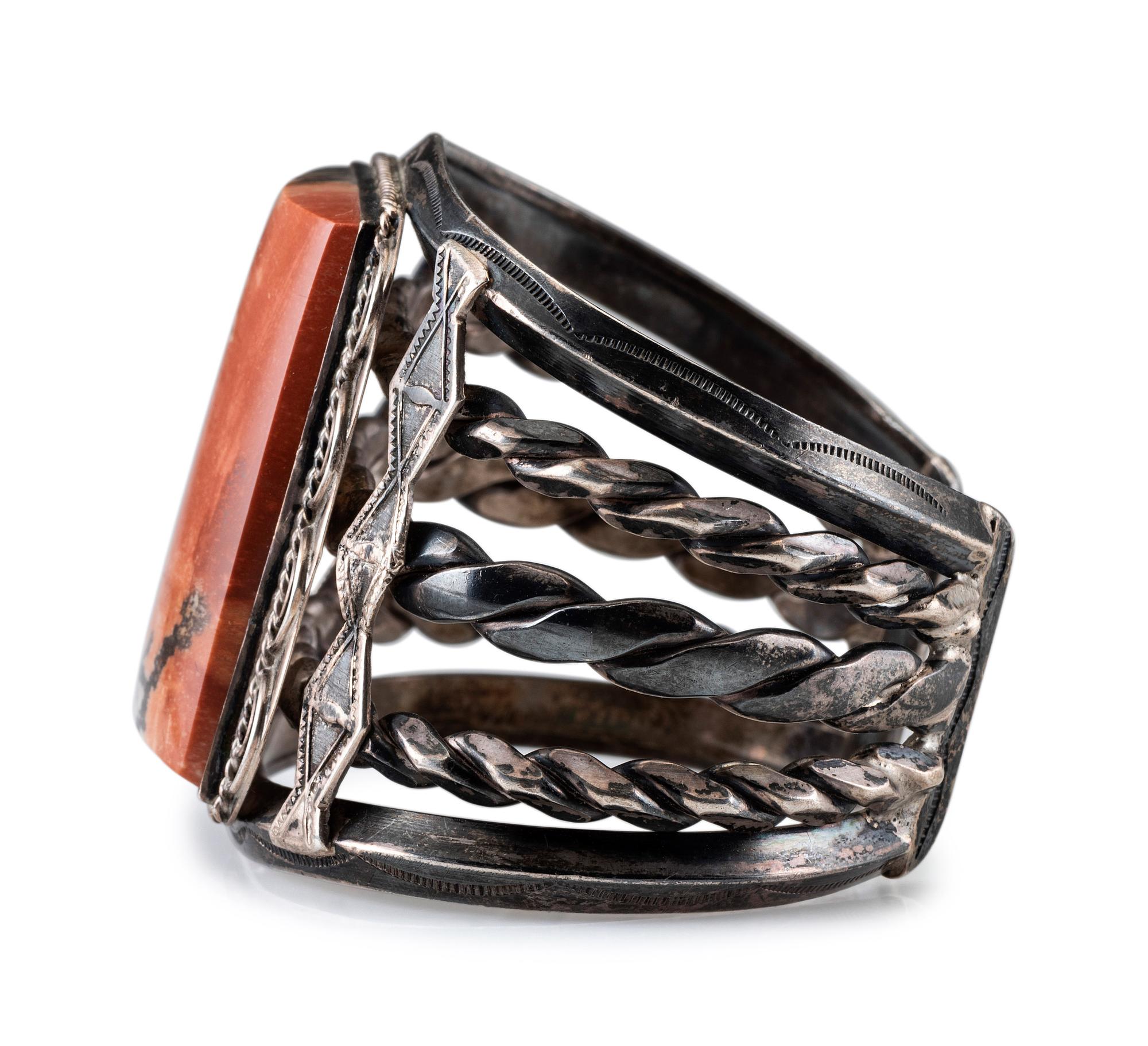 Navajo Silver and Petrified Wood Cuff Bracelet