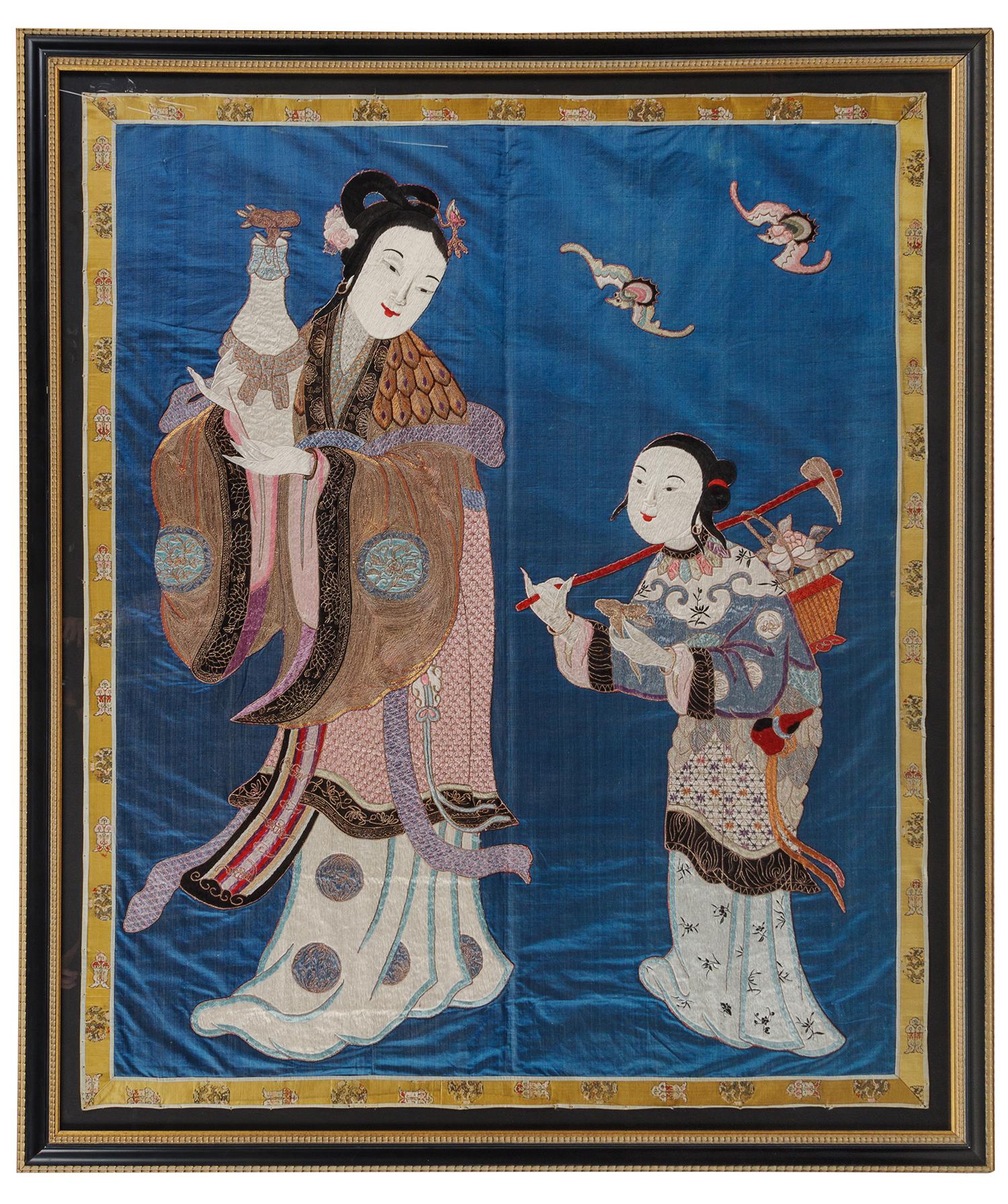 A Large Embroidered Blue Ground 'Figure' Silk Panel