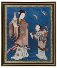A Large Embroidered Blue Ground 'Figure' Silk Panel