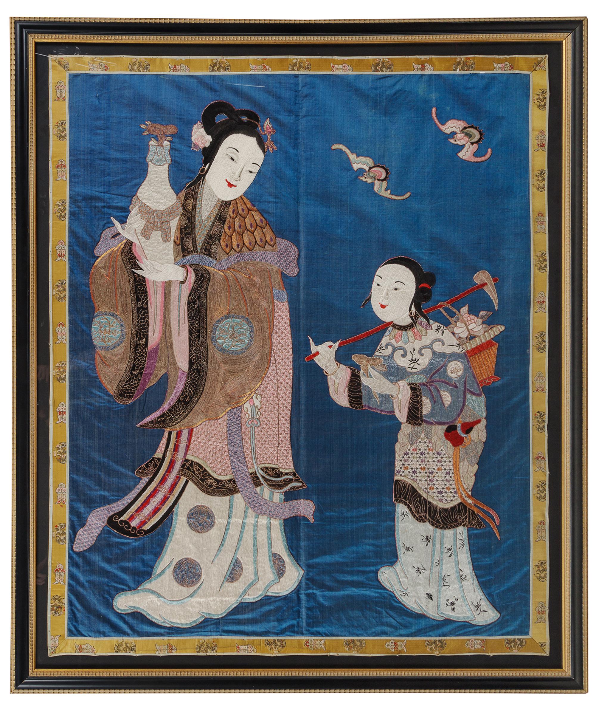 A Large Embroidered Blue Ground 'Figure' Silk Panel