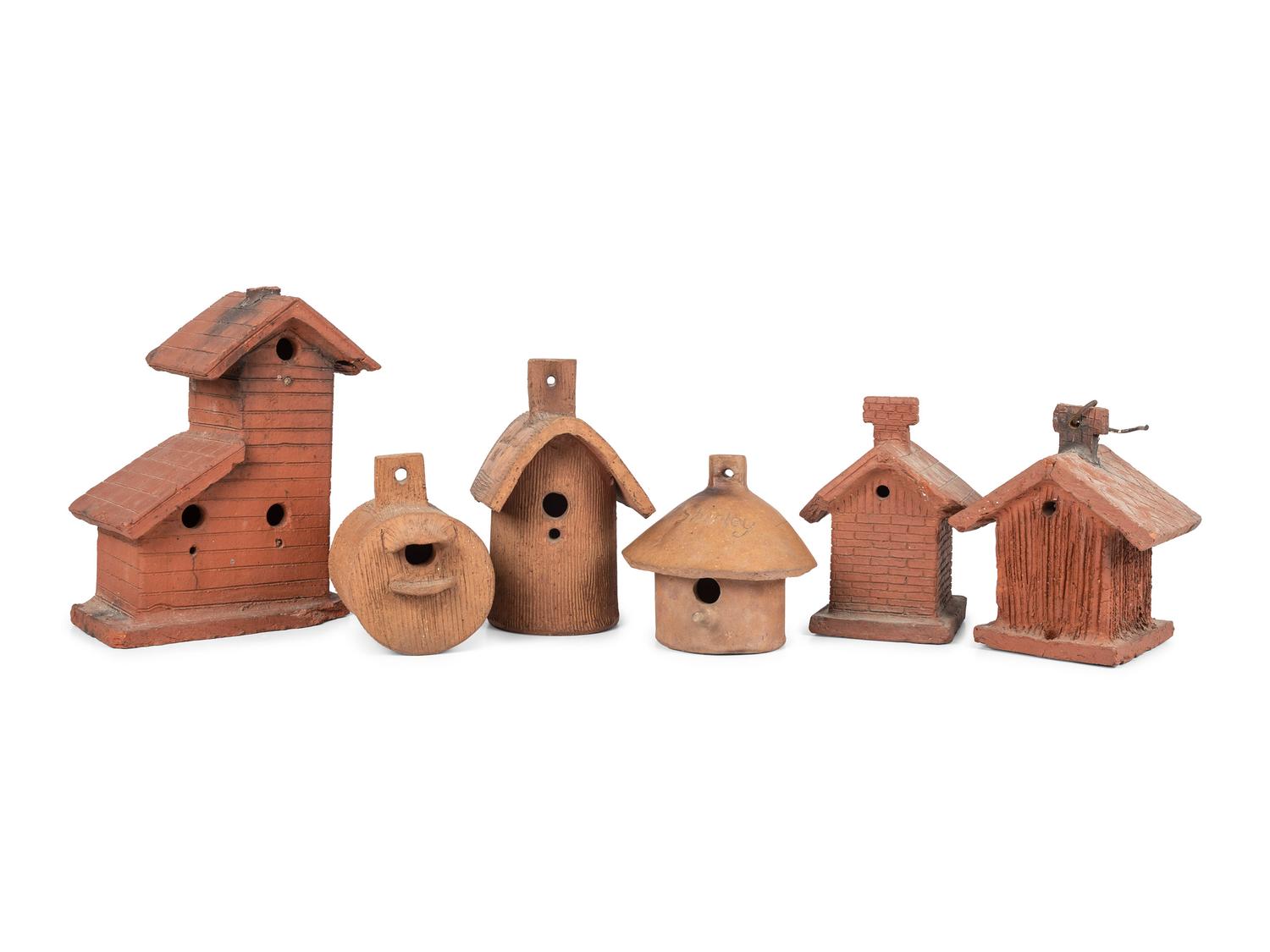 Seven Sewer Tile Birdhouses, Probably White Hall Pottery