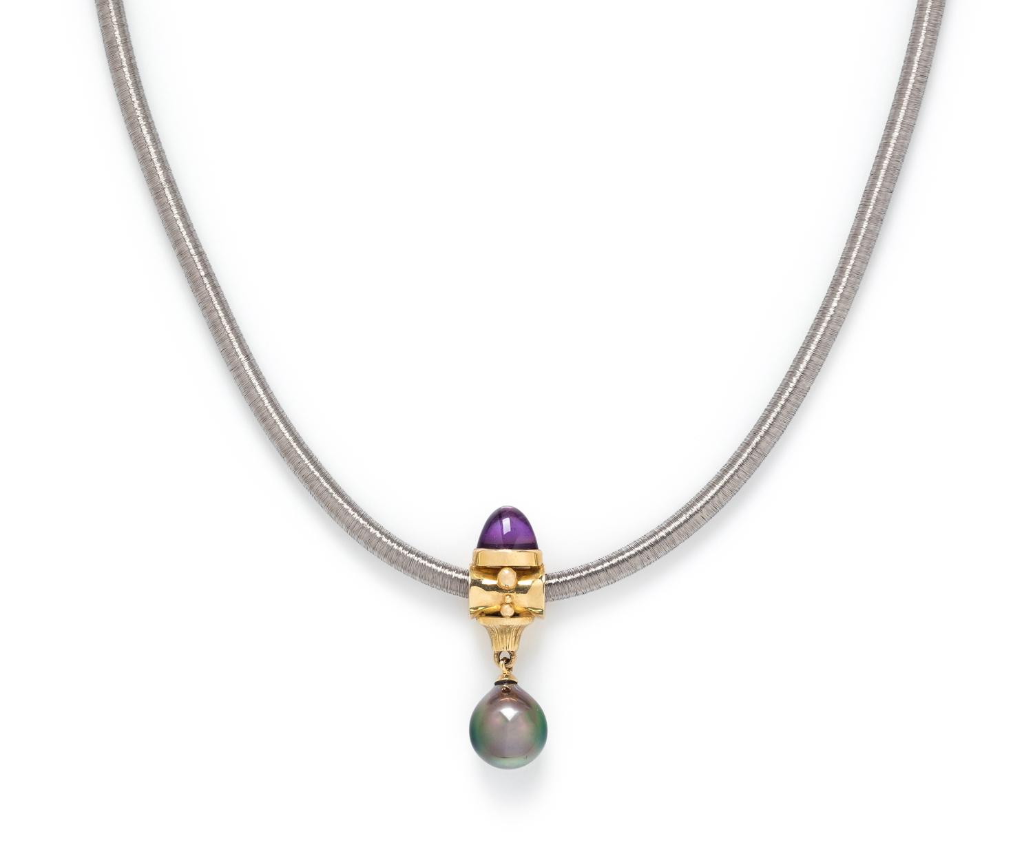 RICHARD KIMBALL, YELLOW GOLD, AMETHYST AND CULTURED TAHITIAN PEARL PENDANT