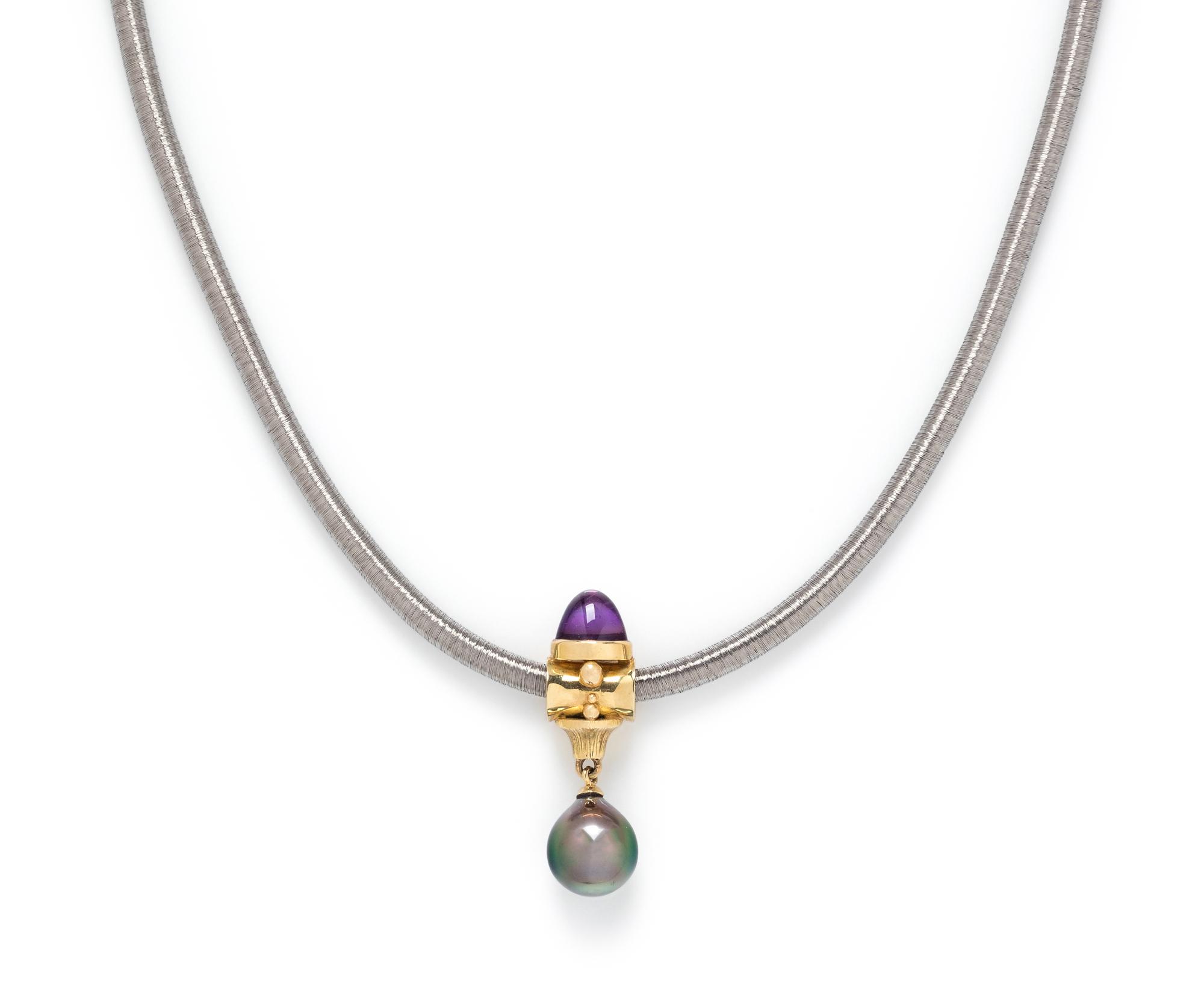 RICHARD KIMBALL, YELLOW GOLD, AMETHYST AND CULTURED TAHITIAN PEARL PENDANT