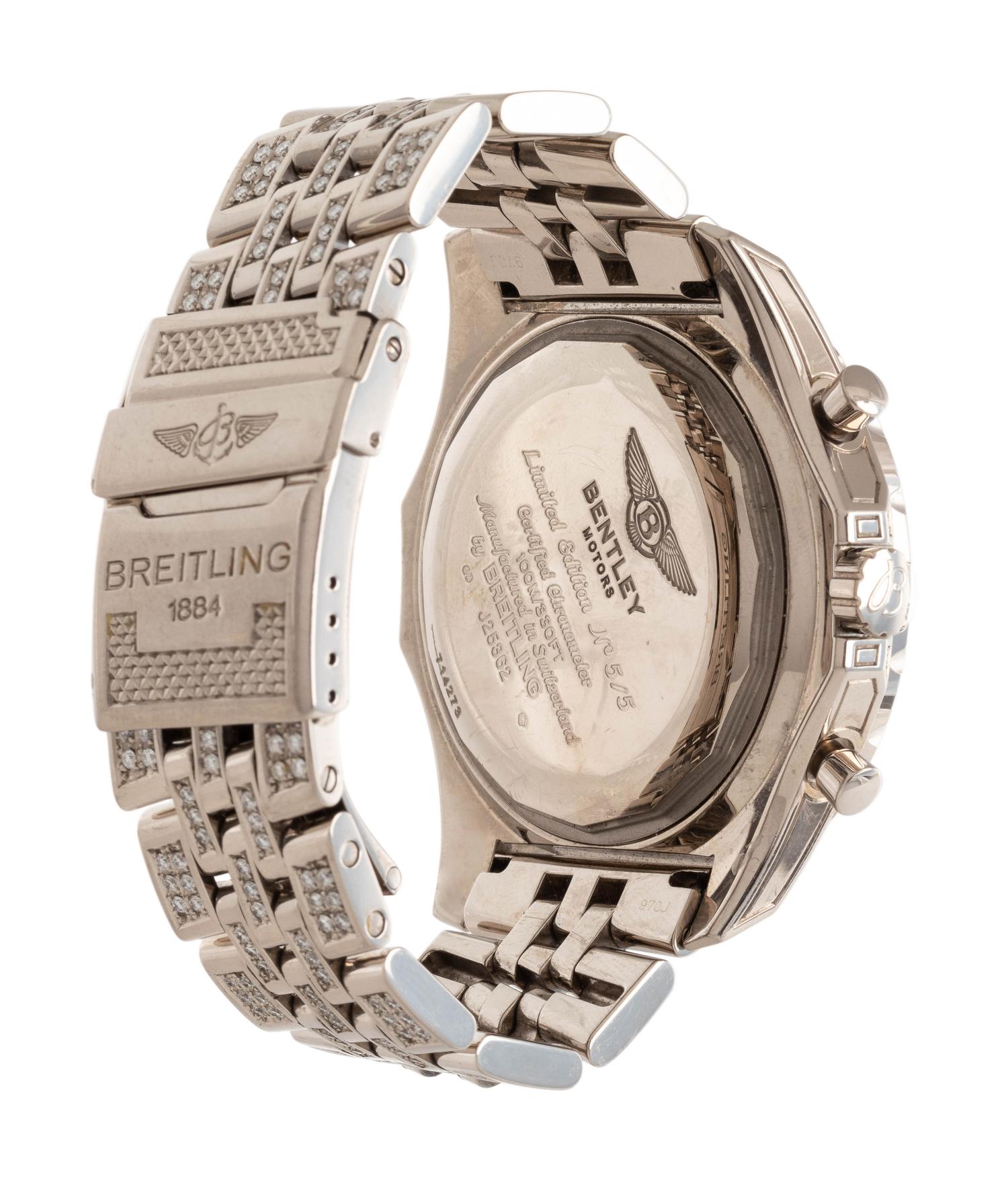 A RARE BREITLING, BENTLEY MOTORS REF. J25362 18K WHITE GOLD AND DIAMOND LIMITED EDITION CHRONOGRAPH WRISTWATCH