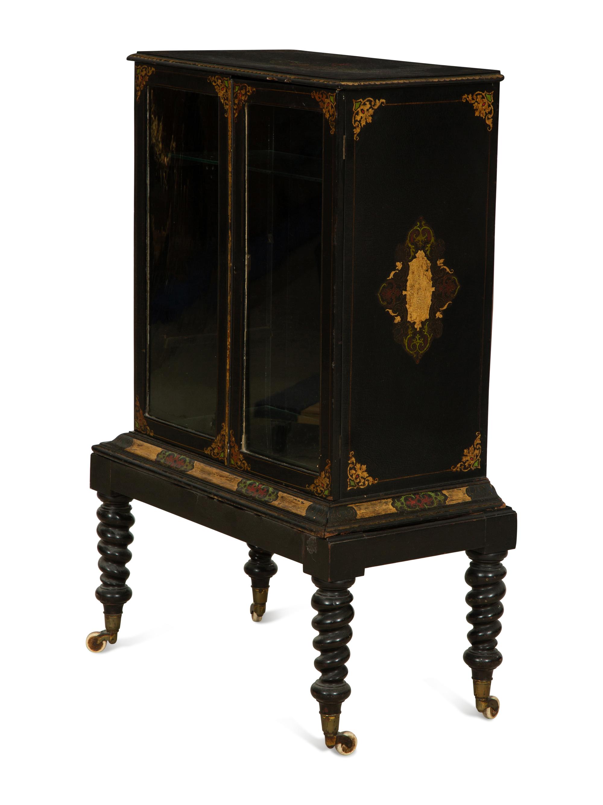 A Victorian Black and Gilt Lacquer Etagère on Stand