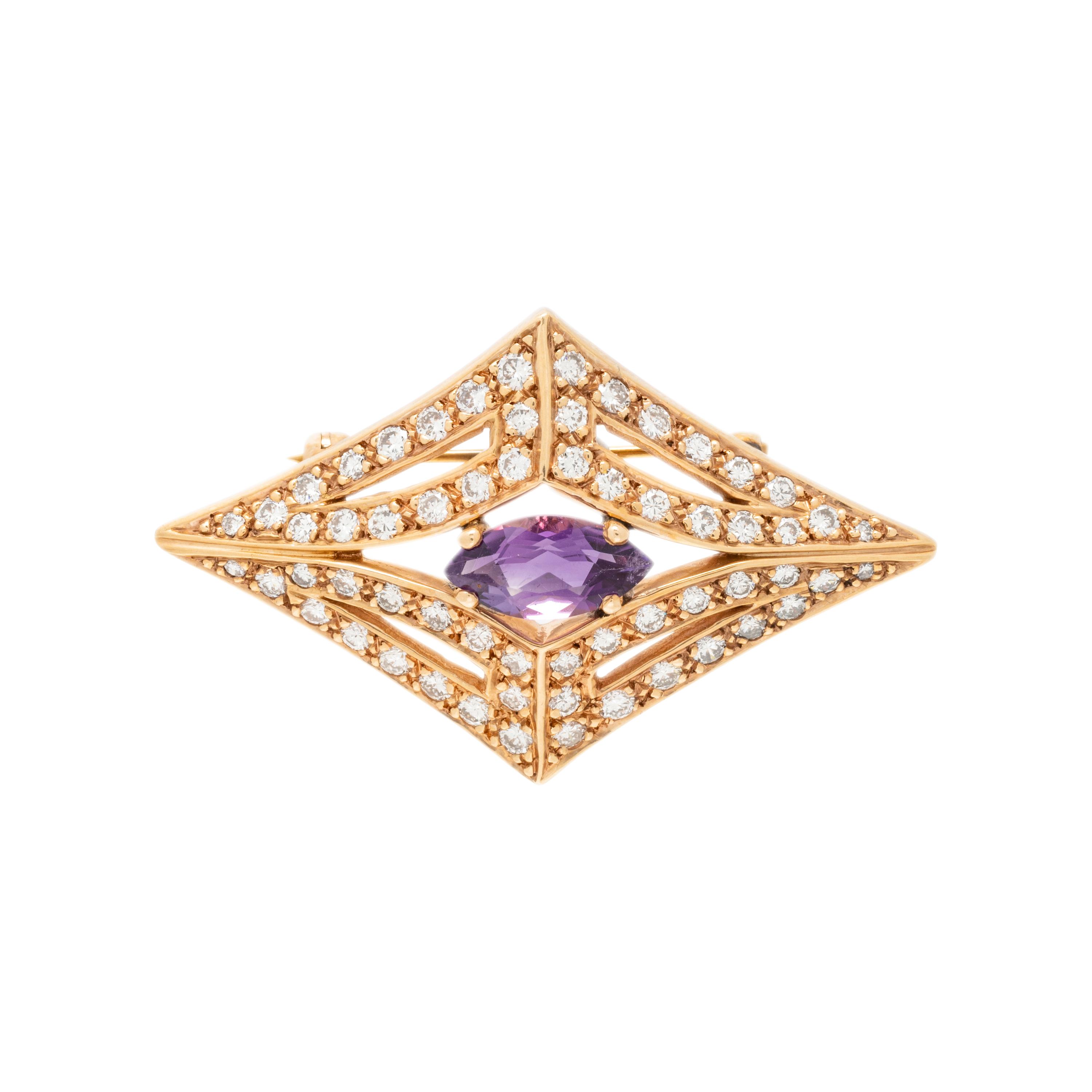 YELLOW GOLD, DIAMOND, AND AMETHYST BROOCH