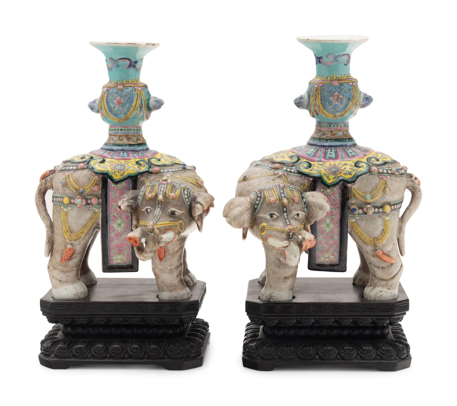 A Pair of Chinese Famille Rose Porcelain Elephant-Form Candlesticks