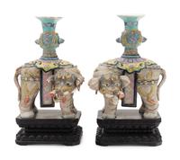 A Pair of Chinese Famille Rose Porcelain Elephant-Form Candlesticks