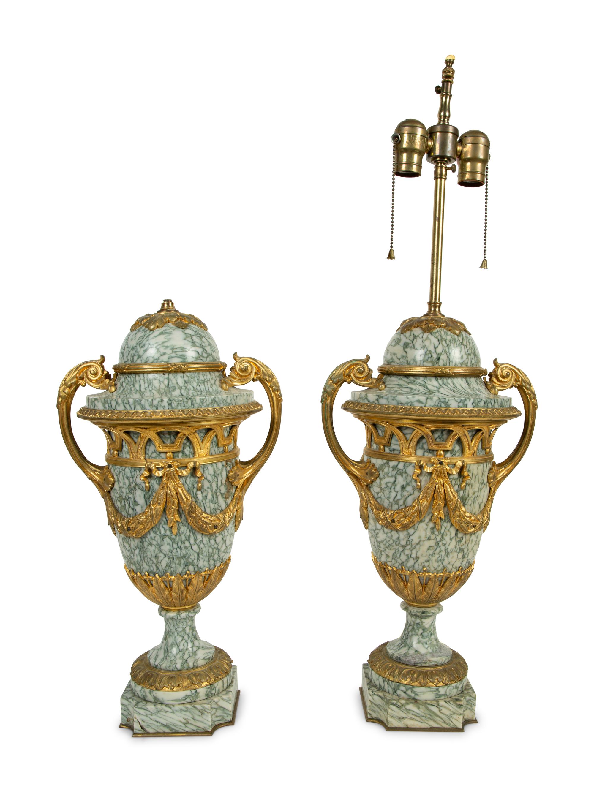 A Pair of Louis XV Style Bronze Mounted Marble Urn-Form Lamps — 19TH CENTURY