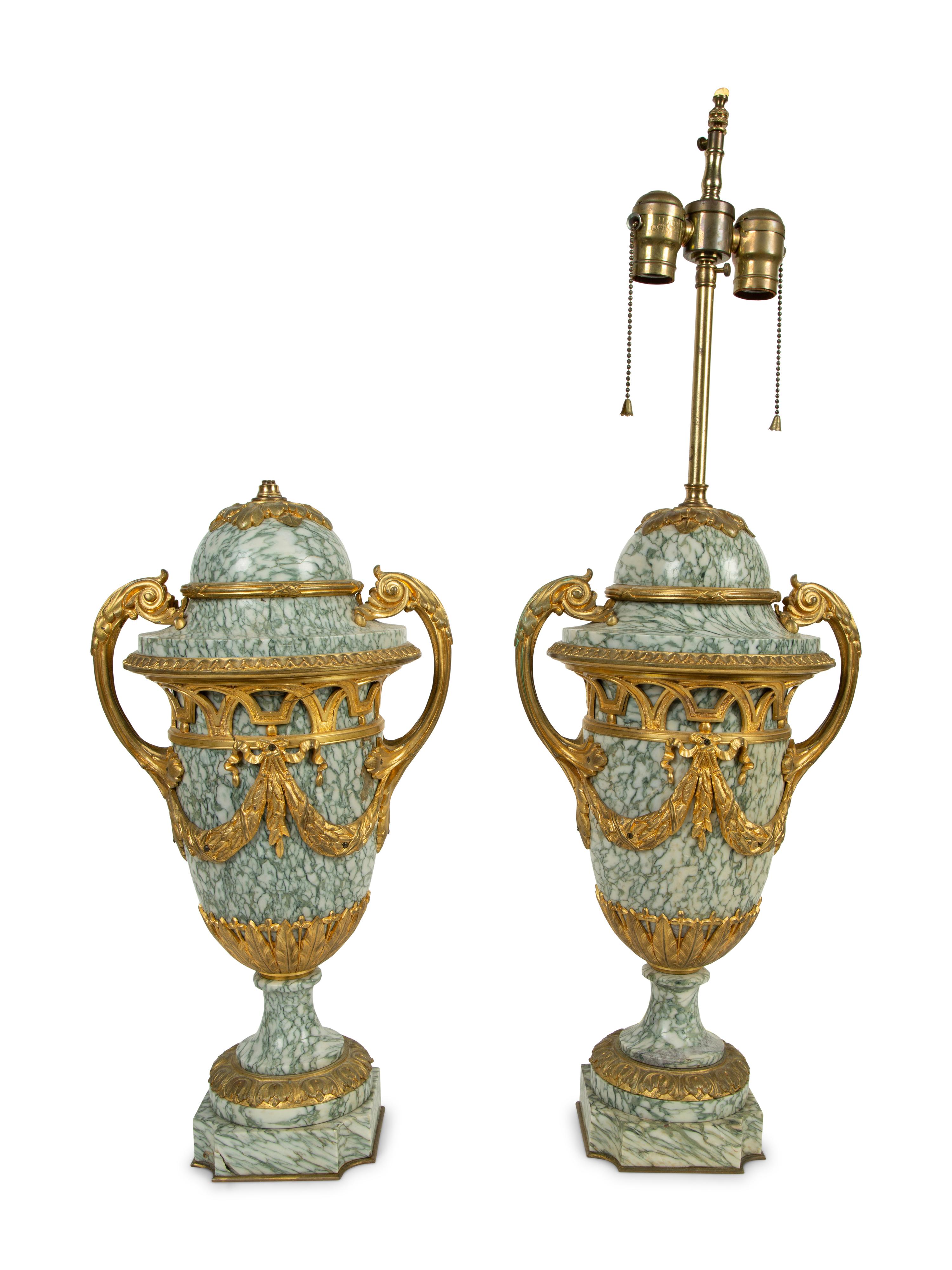 A Pair of Louis XV Style Bronze Mounted Marble Urn-Form Lamps — 19TH CENTURY