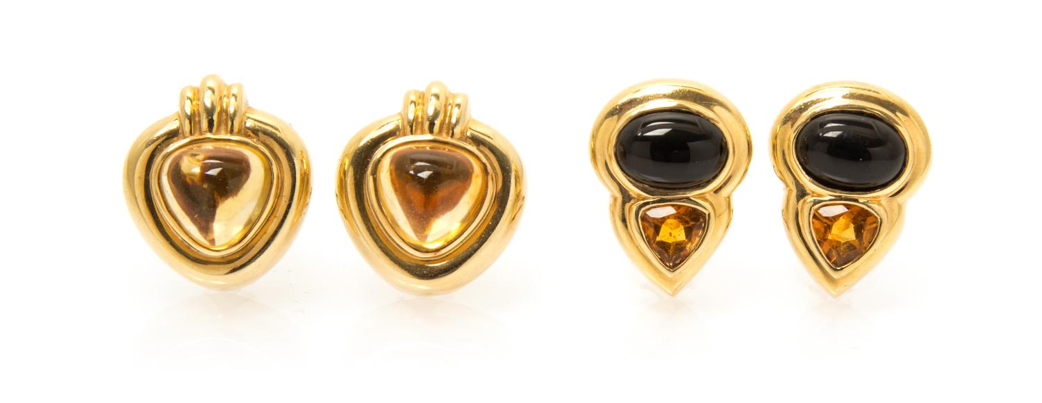 A Collection of 14 Karat Yellow Gold, Citrine and Onyx Earclips, 20.40 dwts.