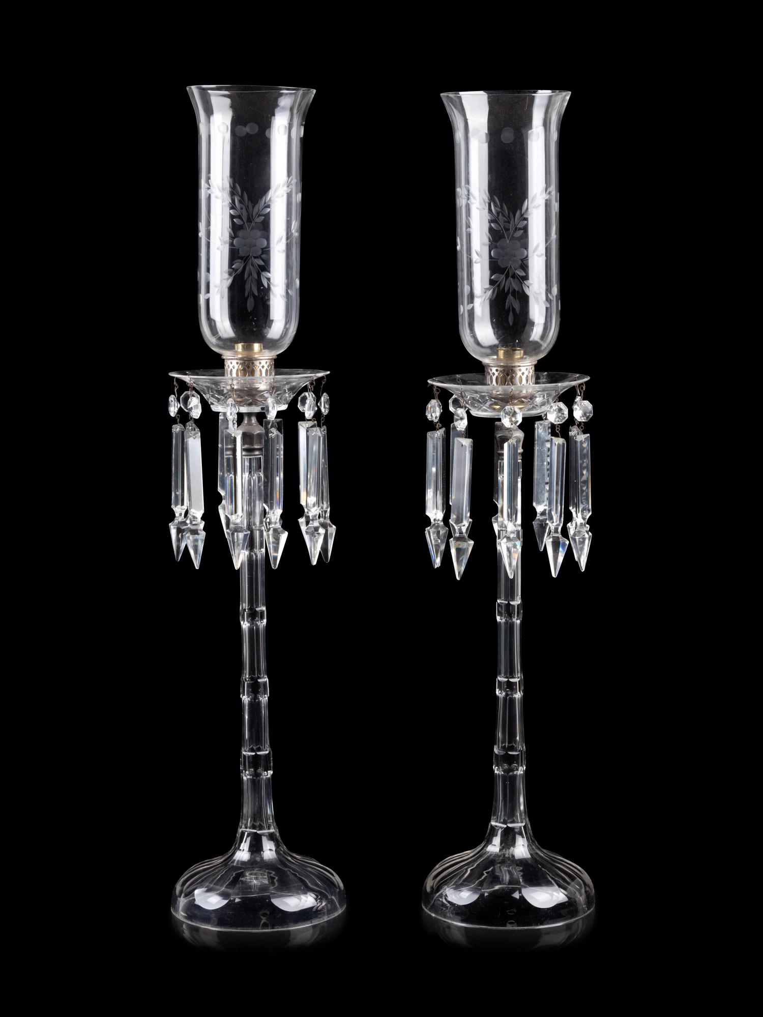 A Large Pair of English Cut and Etched Glass Candlesticks