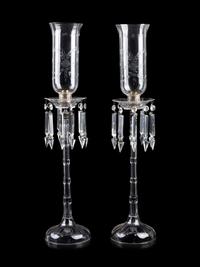 A Large Pair of English Cut and Etched Glass Candlesticks
