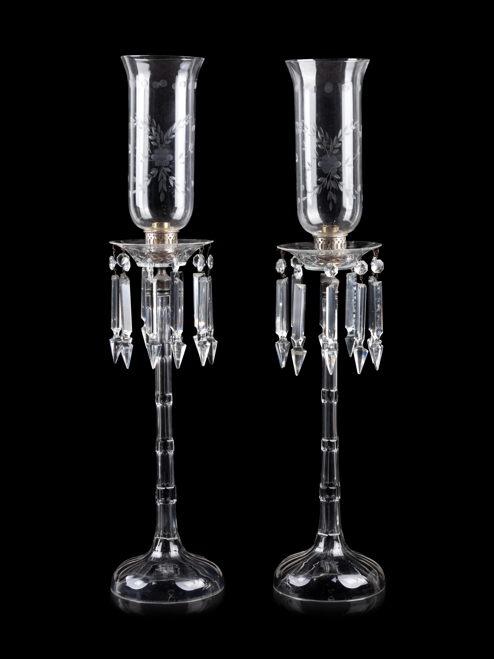 A Large Pair of English Cut and Etched Glass Candlesticks