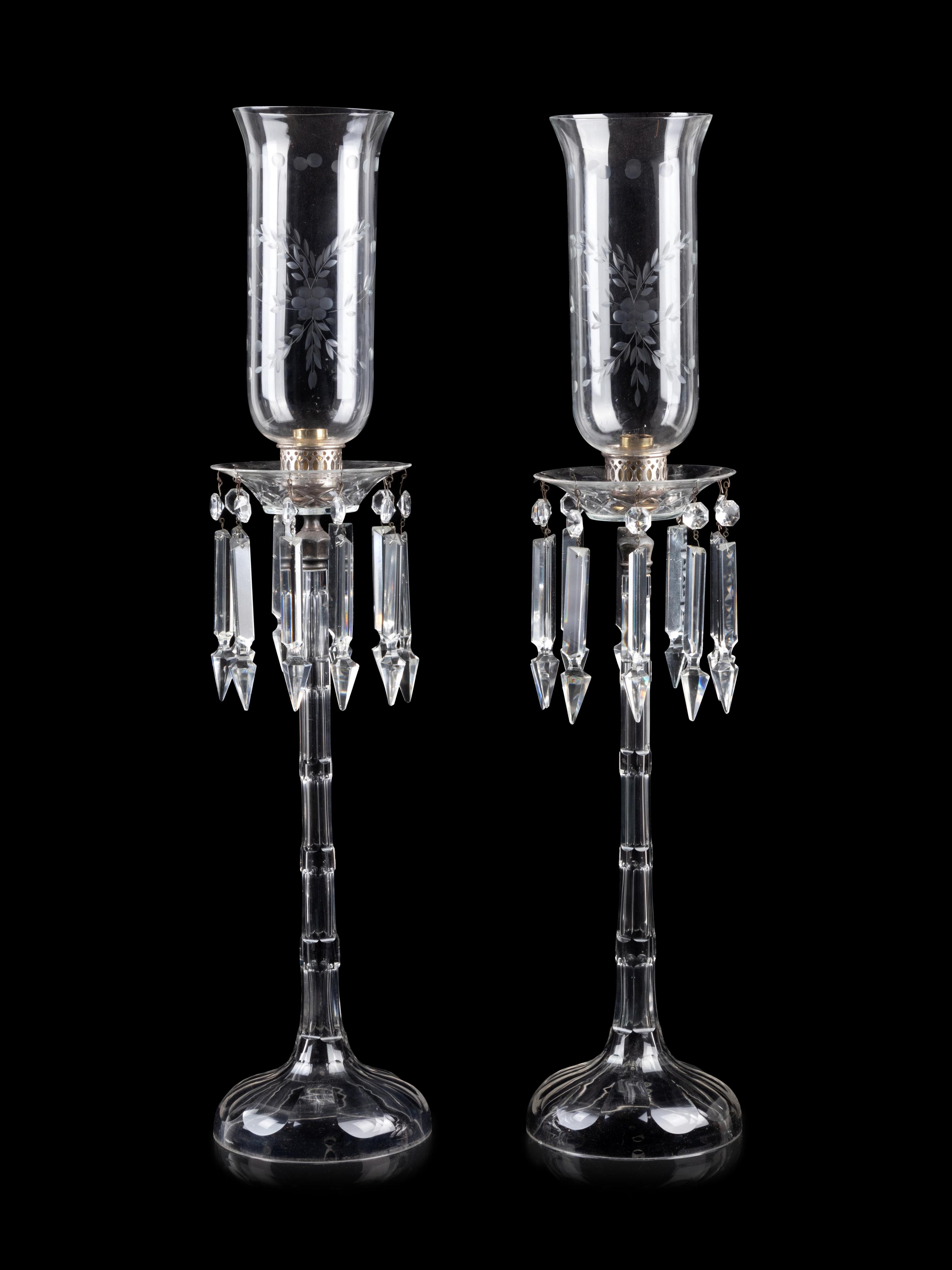 A Large Pair of English Cut and Etched Glass Candlesticks