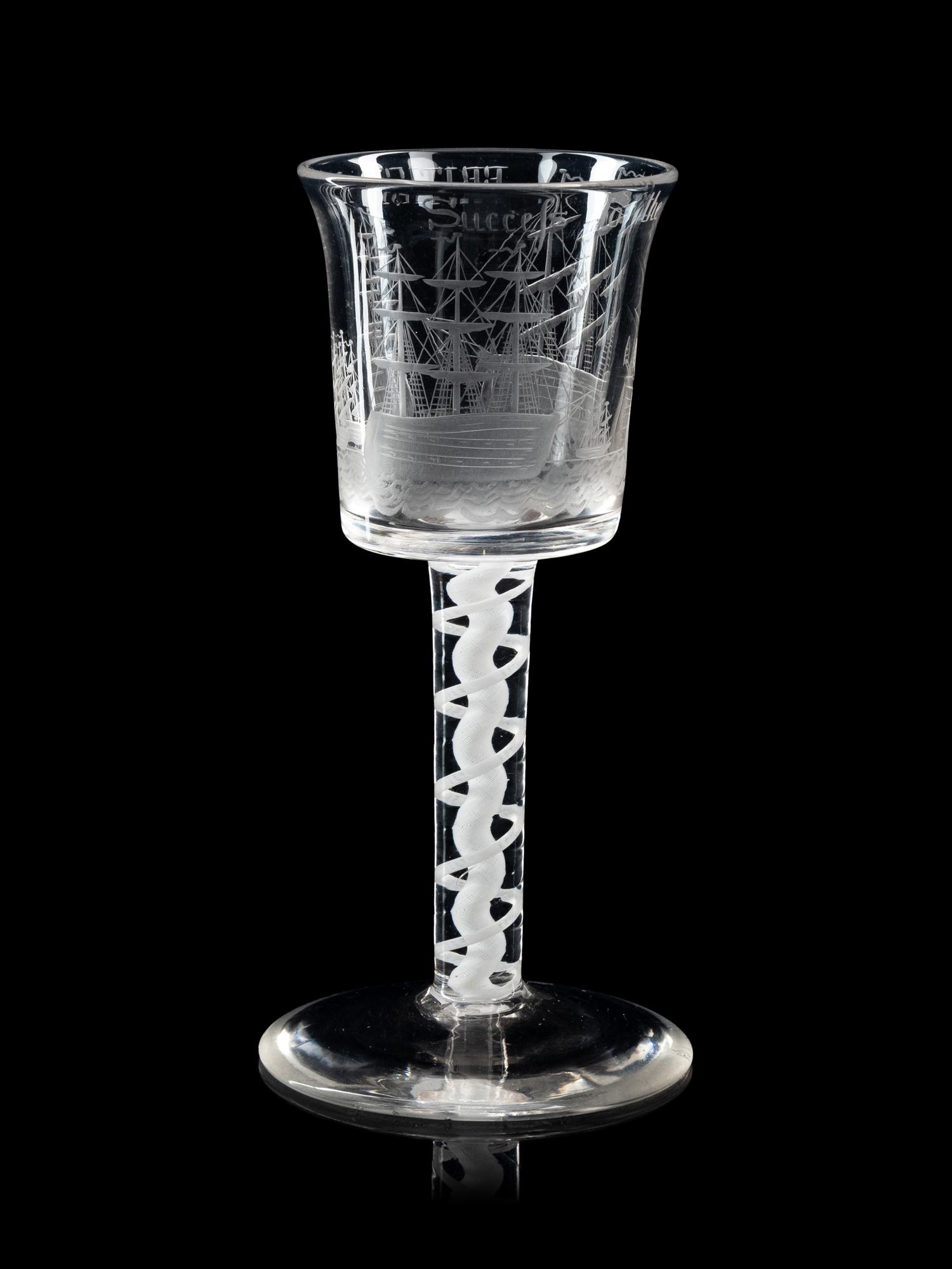 An Opaque Twist Engraved Wine Glass of British Naval Interest
