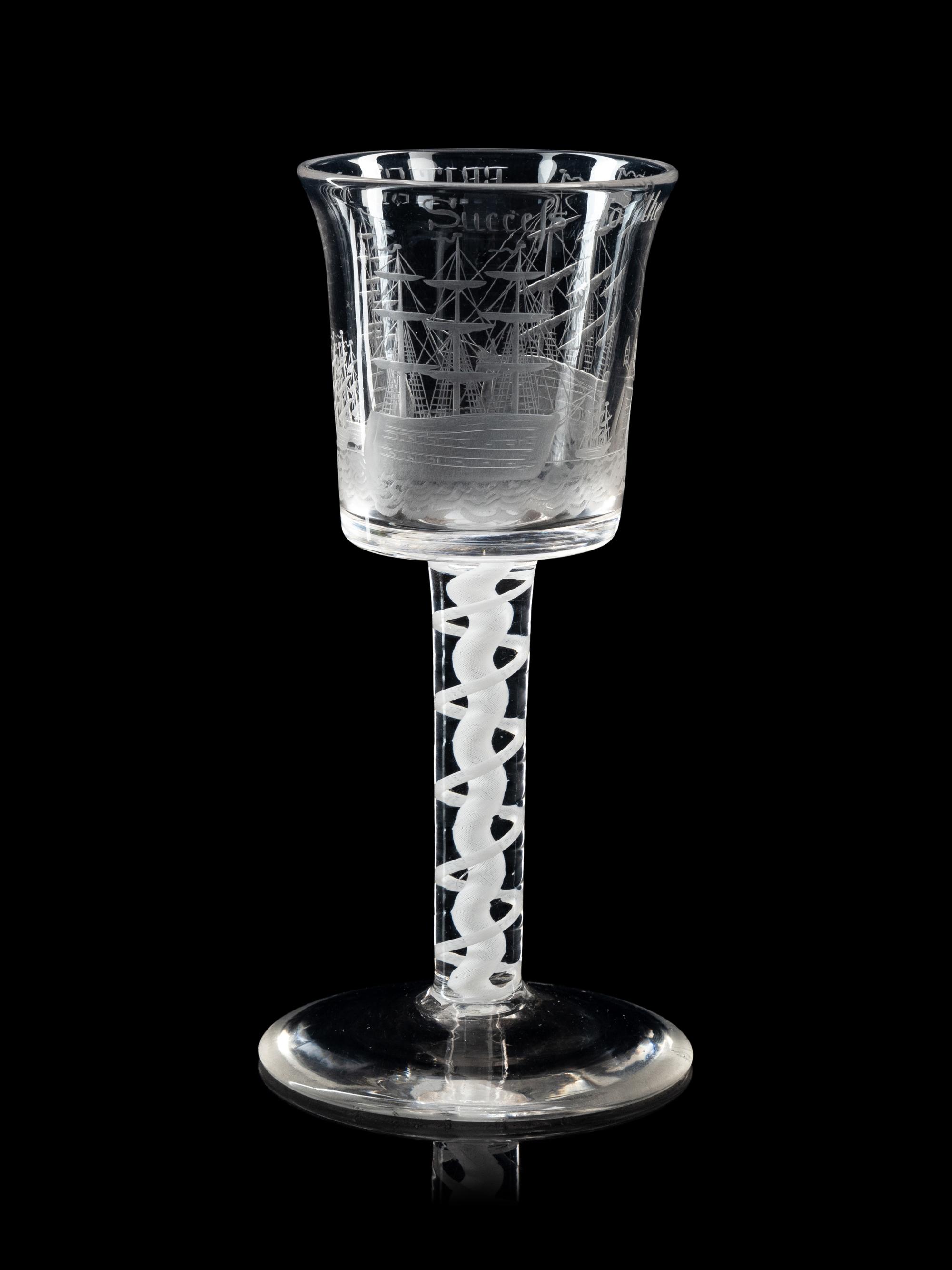 An Opaque Twist Engraved Wine Glass of British Naval Interest