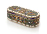 A Russian Enameled Silver Snuff Box, Maker's mark GK, Moscow, the case having a matted gilt ground decorated with polychrome flowers, l