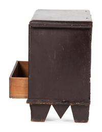 A Rare Pilgrim Century Black Painted Pine One-Drawer 'M' Chest
