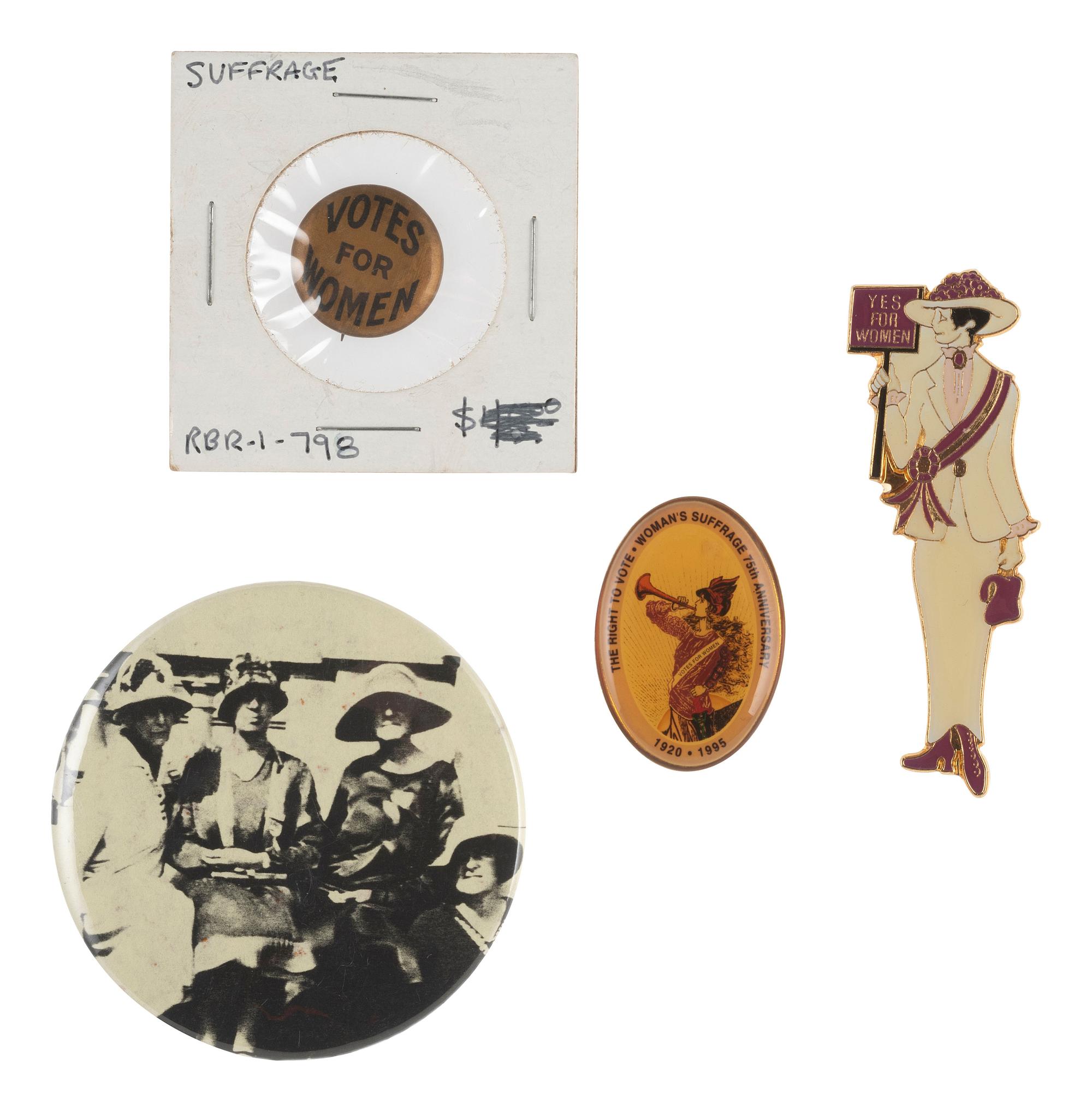 [WOMEN'S SUFFRAGE]. A collection of items belonging to women's rights activist Mariwyn Heath, incl. "Votes for Women" pennant, Veteran Feminists Medal of Honor, pinbacks, buttons, & pewter figures.