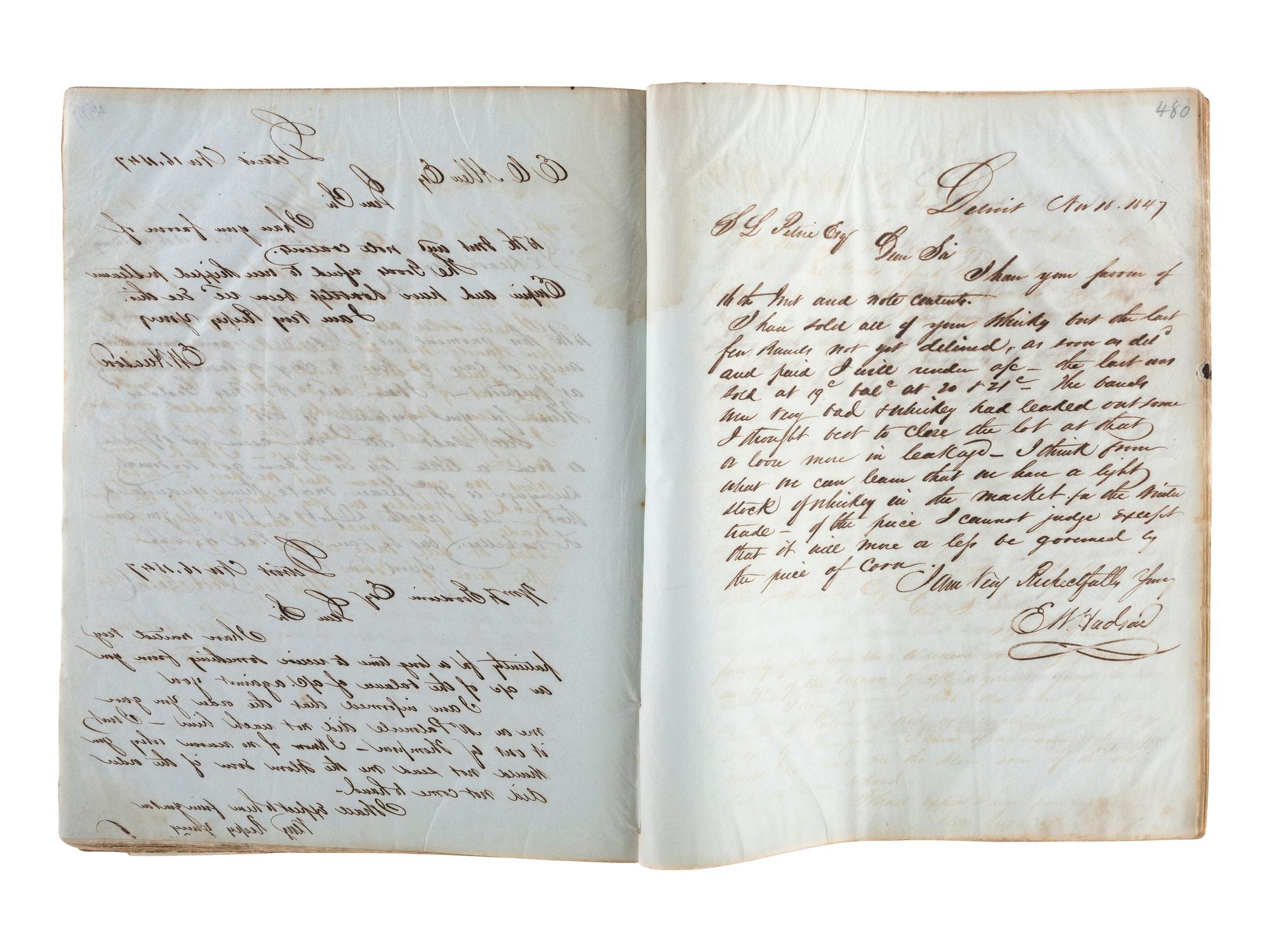[TRANSPORTATION] -- [SHIPPING]. Letter press copy book featuring discussion of early Great Lakes shipping and commerce within the 1847 business correspondence of Detroit shipbuilder, merchant, and vessel owner Elon W. Hudson (1818-1901).