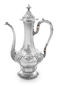 An American Silver Coffee Pot, Gorham Mfg. Co., Providence, RI, the body worked with rocaille, floral, foliate and C-scroll motifs.