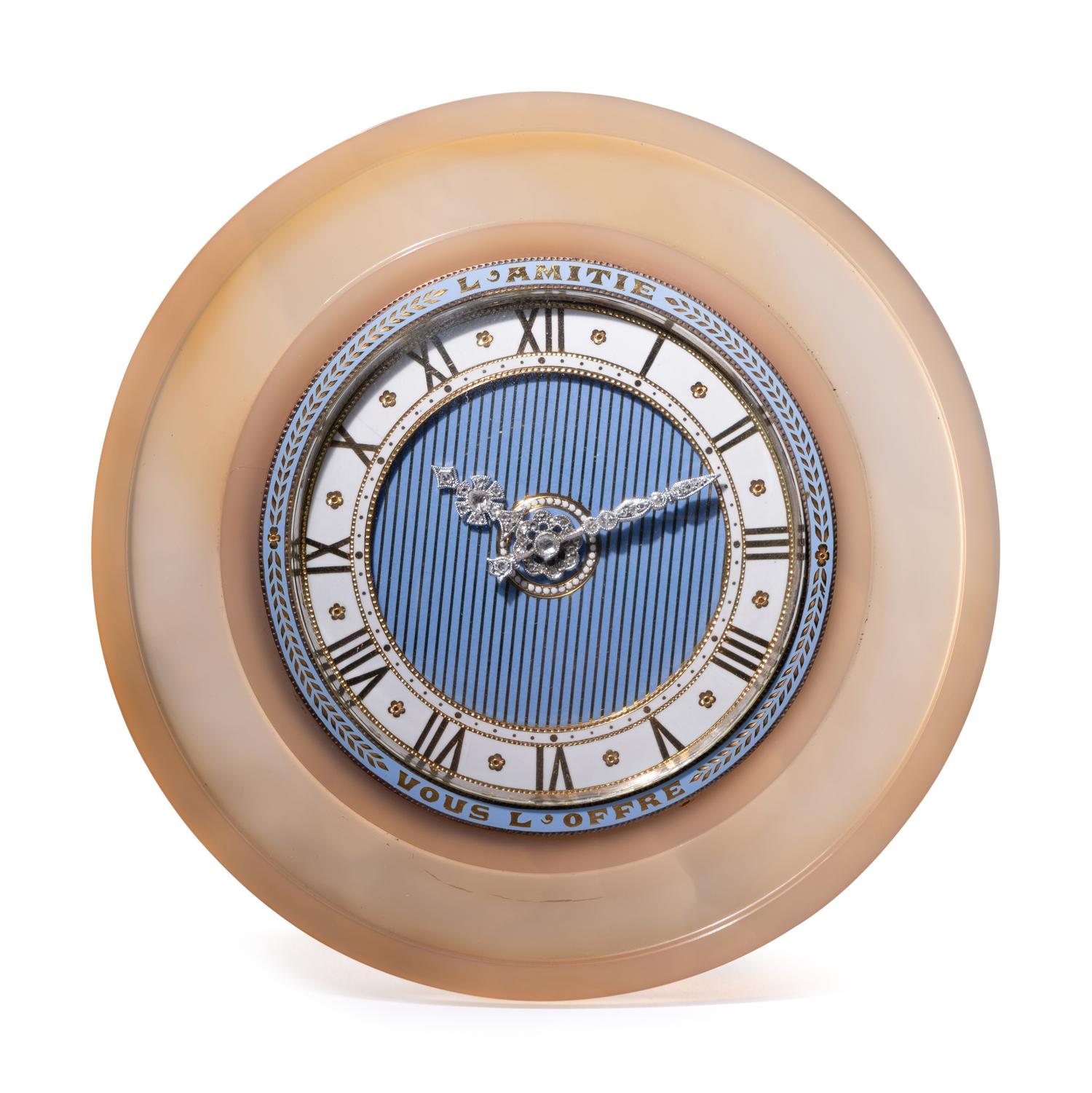 A Cartier Belle Époque Yellow Gold, Diamond, Enamel and Agate Table Clock