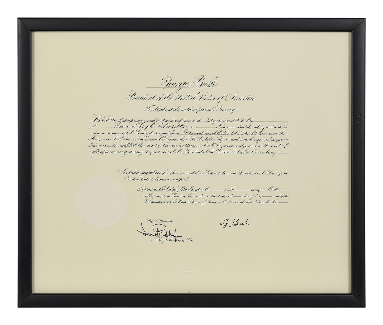 [POLITICS]. [PERKINS, Edward Joseph (1928-2020)]. A group of 9 appointments by Presidents Reagan, Bush, Clinton, and Bush to Perkins, presumably with secretarial or facsimile signatures, including: