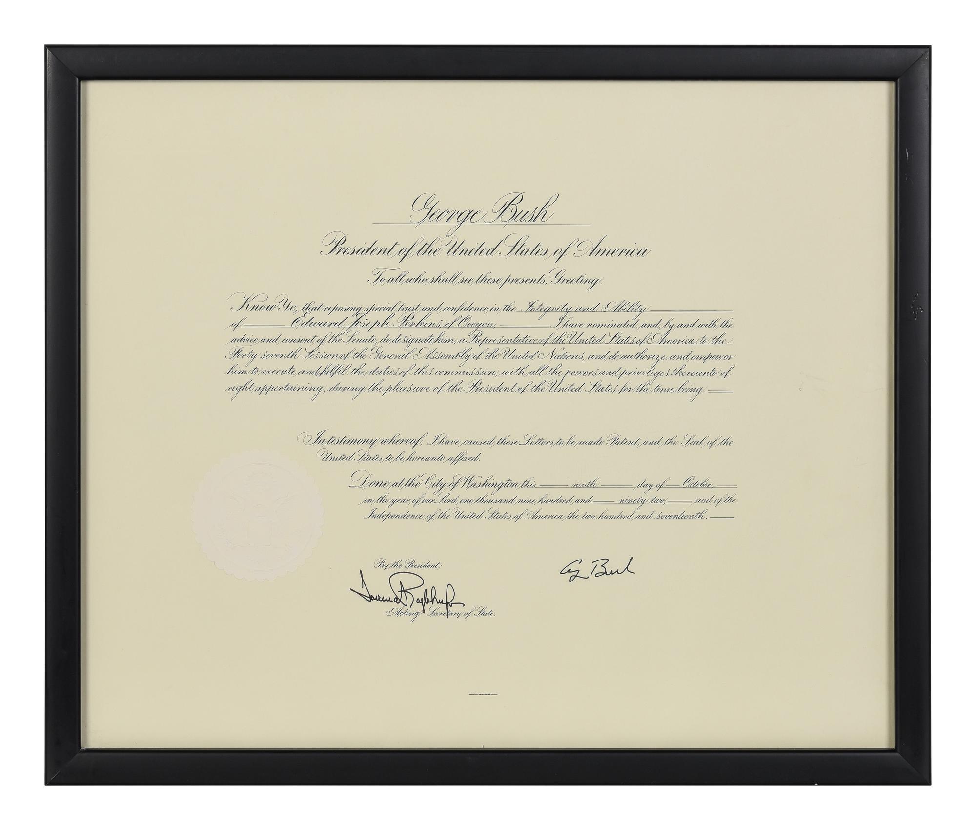 [POLITICS]. [PERKINS, Edward Joseph (1928-2020)]. A group of 9 appointments by Presidents Reagan, Bush, Clinton, and Bush to Perkins, presumably with secretarial or facsimile signatures, including: