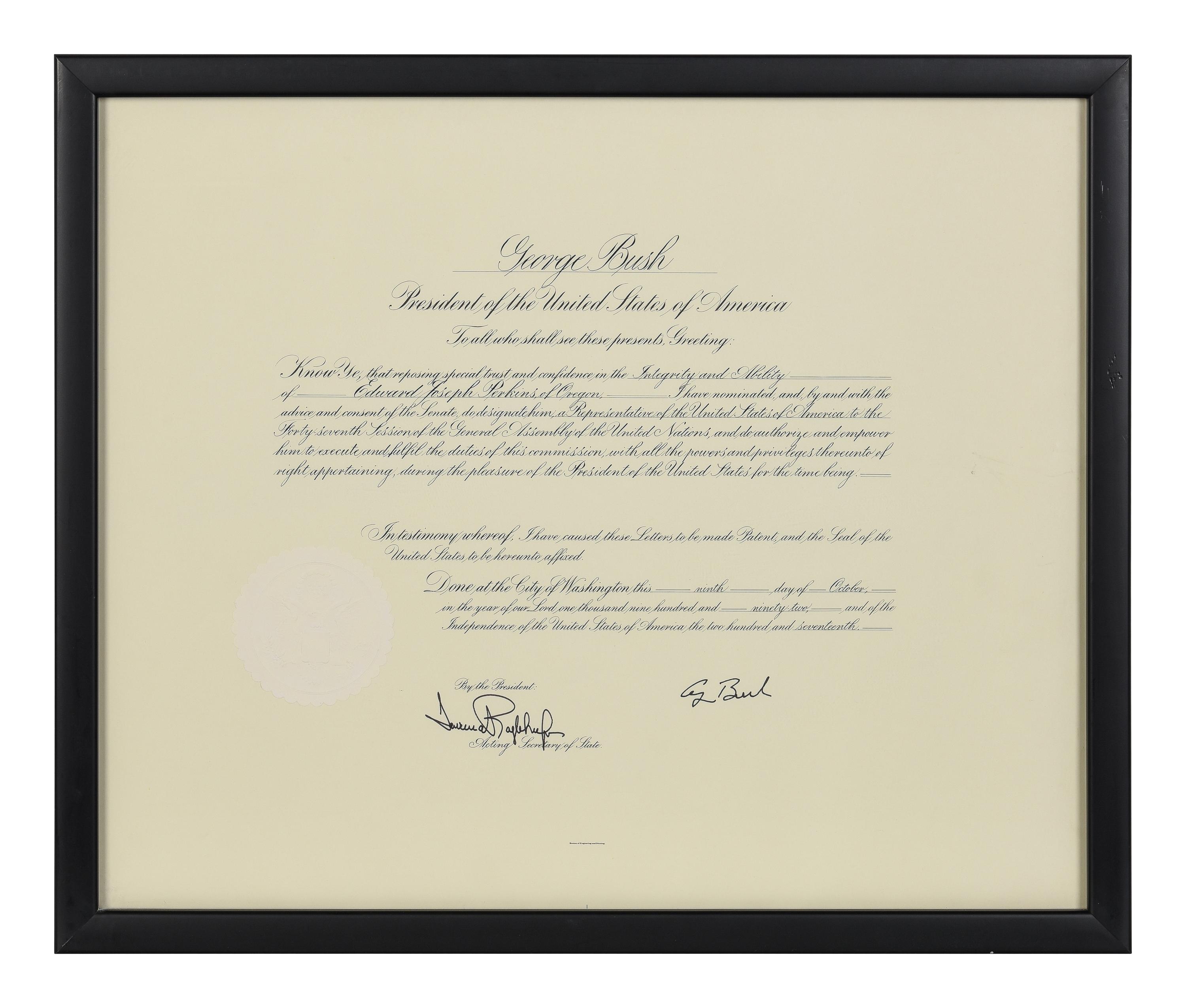 [POLITICS]. [PERKINS, Edward Joseph (1928-2020)]. A group of 9 appointments by Presidents Reagan, Bush, Clinton, and Bush to Perkins, presumably with secretarial or facsimile signatures, including:
