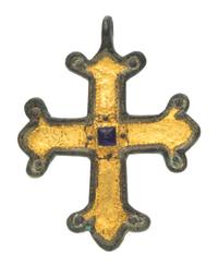 A Bronze Cross with Gold Inlay and Blue Glass Accent, 64.90 dwts.