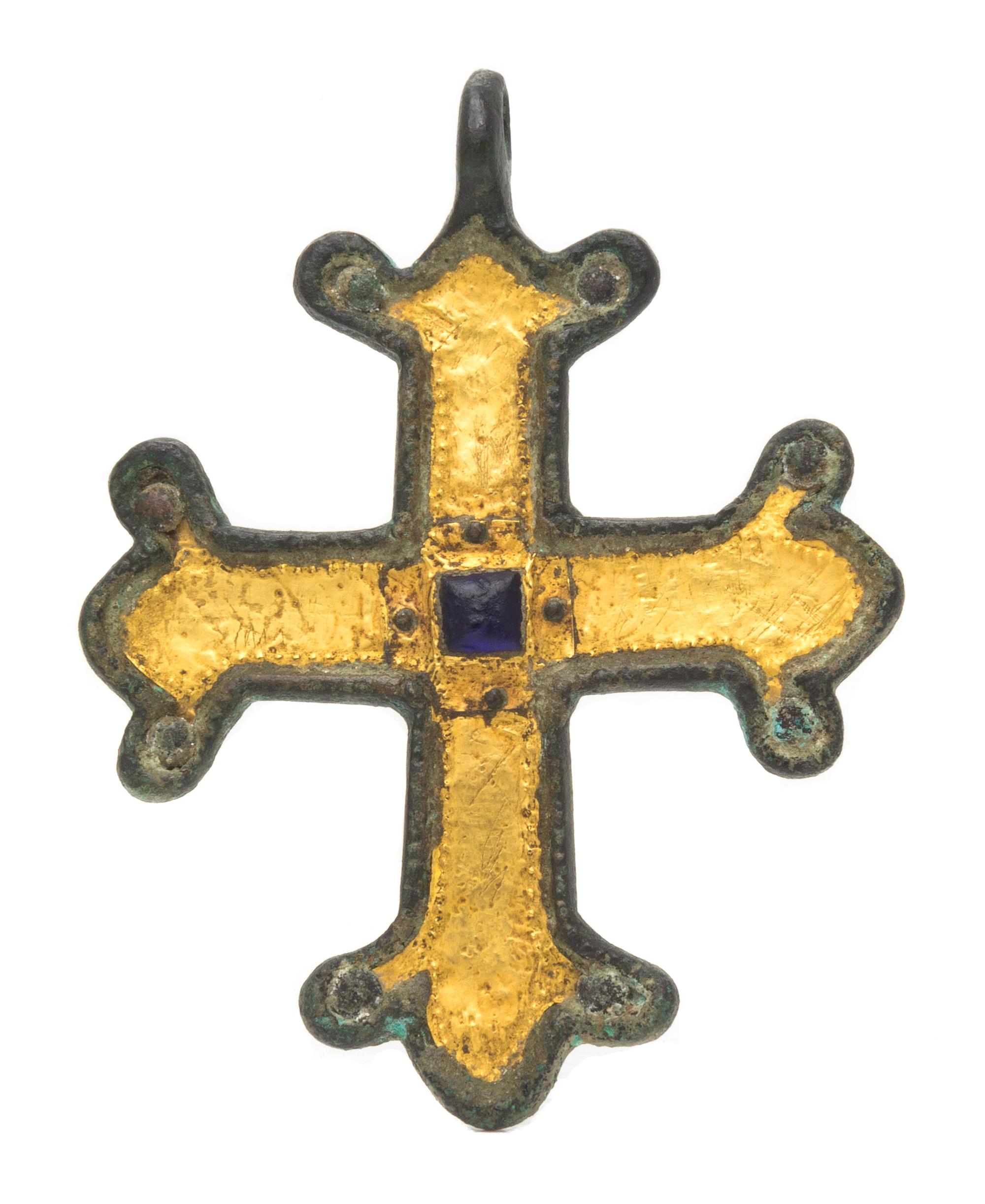 A Bronze Cross with Gold Inlay and Blue Glass Accent, 64.90 dwts.