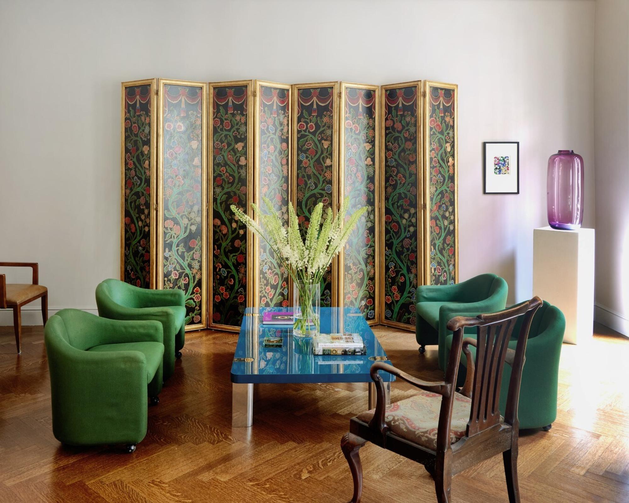 A Pair of Giltwood and Polychrome Painted Four-Panel Folding Screens DONATED BY DAVID KLEINBERG DESIGN ASSOCIATES