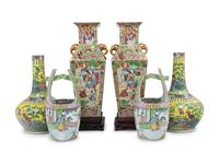Three Pairs of Chinese and Japanese Famille Rose Porcelain Vases