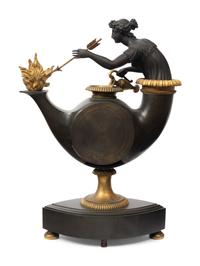 A French Neoclassical Gilt and Patinated Bronze "Oil Lamp" Clock