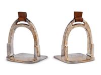 A Pair of Ralph Lauren Silver-Plate and Leather Stirrup-Form Bookends
