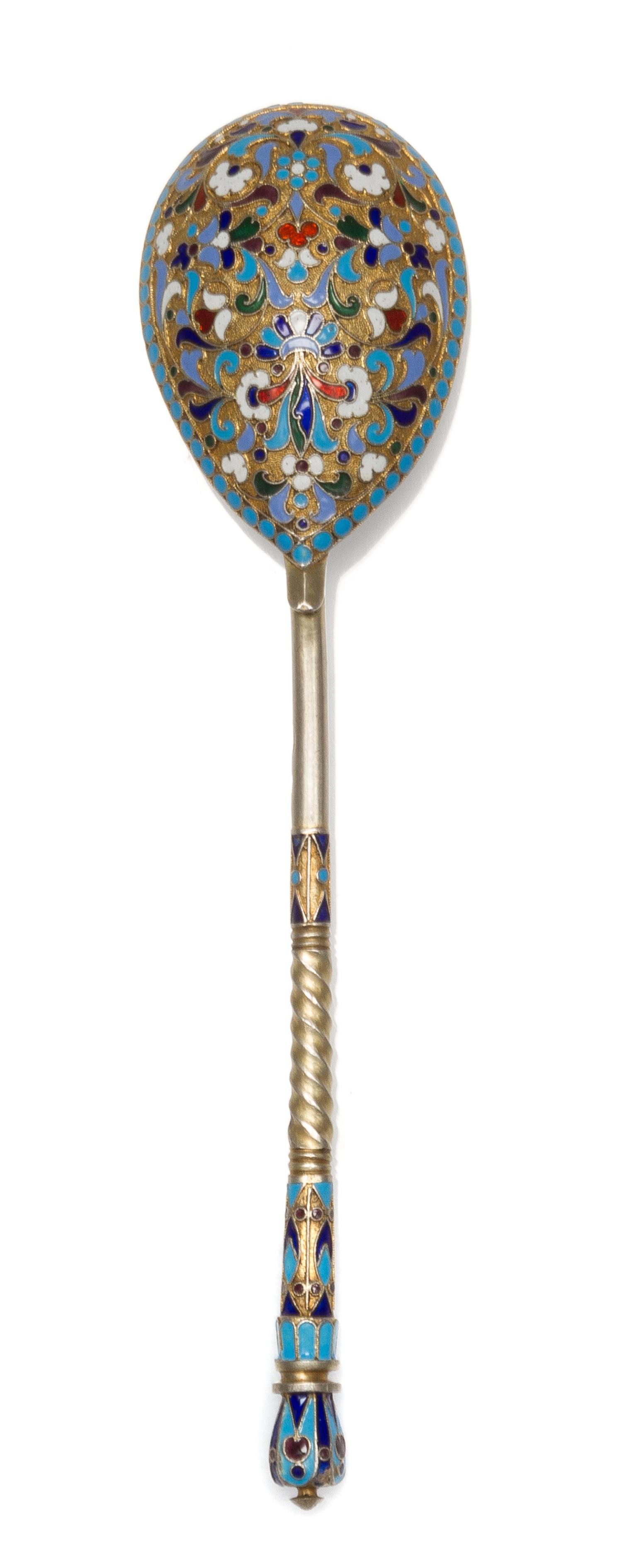 A Russian Silver-Gilt and Enamel Serving Spoon, Maker's mark Cyrillic SSh, kokoshnik mark of Ivan Lebedkin, Moscow, late 19th/early 20t