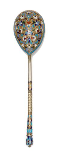 A Russian Silver-Gilt and Enamel Serving Spoon, Maker's mark Cyrillic SSh, kokoshnik mark of Ivan Lebedkin, Moscow, late 19th/early 20t