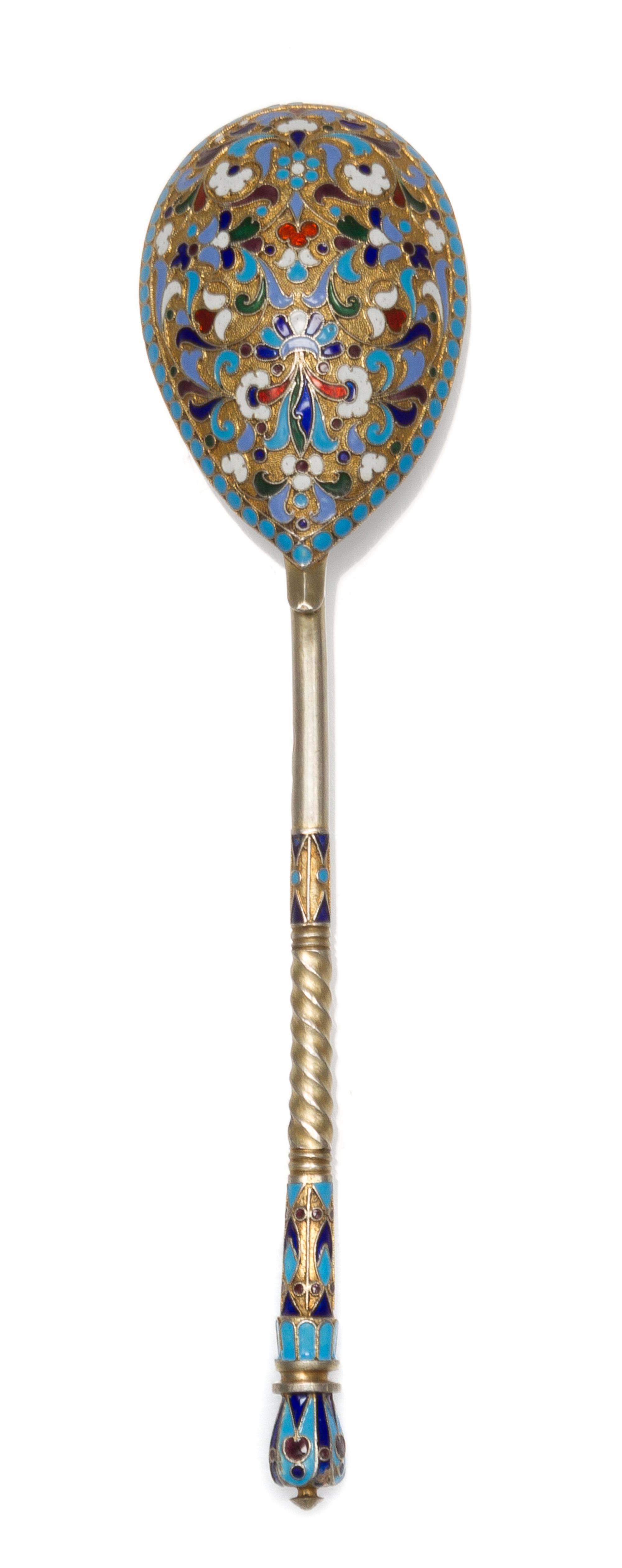 A Russian Silver-Gilt and Enamel Serving Spoon, Maker's mark Cyrillic SSh, kokoshnik mark of Ivan Lebedkin, Moscow, late 19th/early 20t