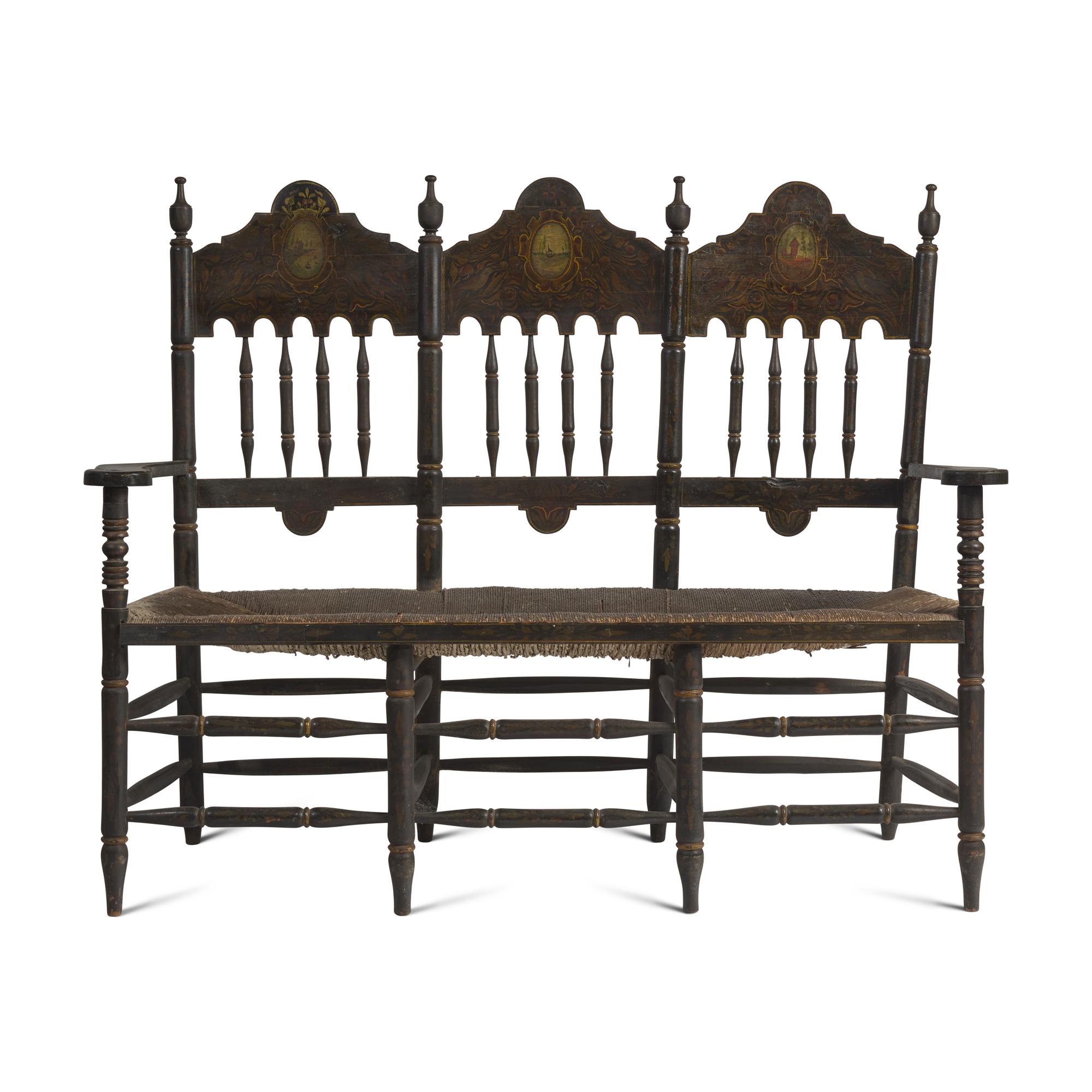 A Painted and Decorated Bannister-Back Settee