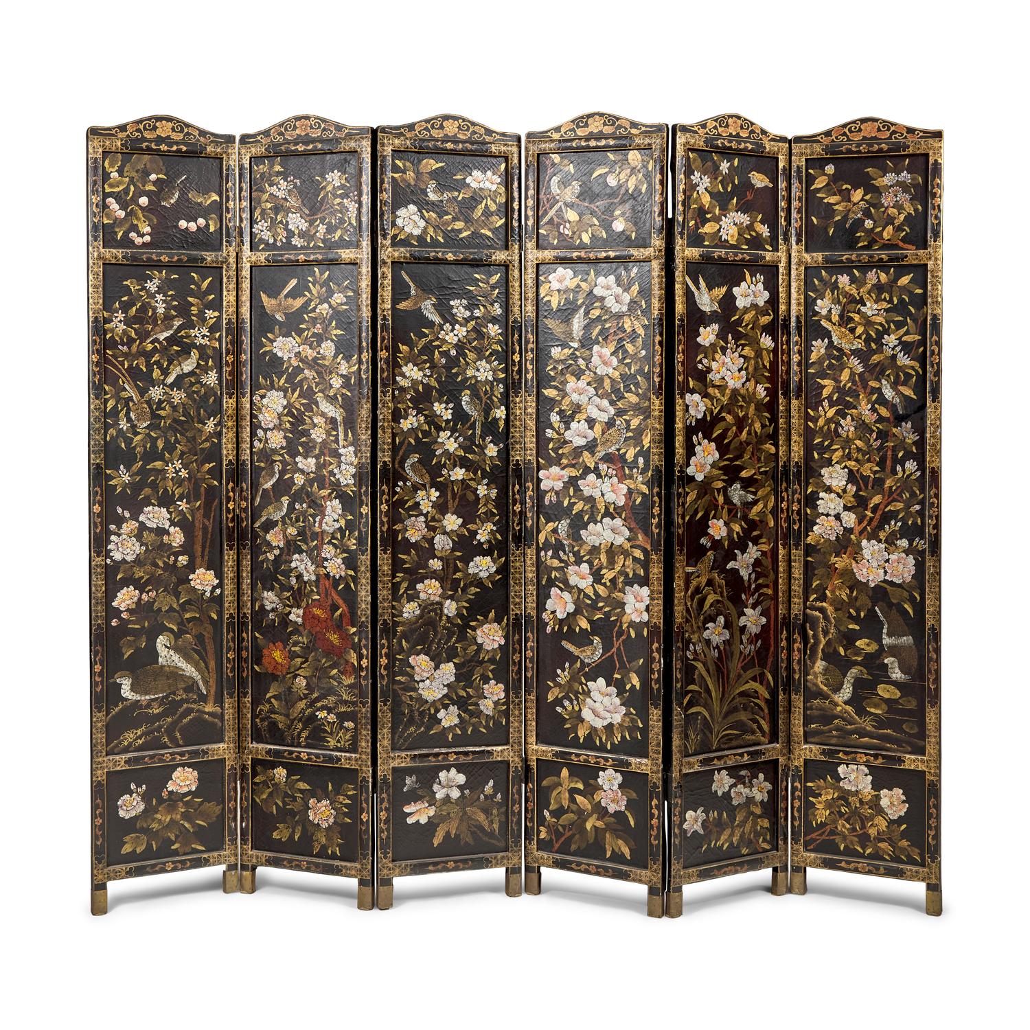 A Chinese Export Polychrome Painted Six-Panel Floor Screen