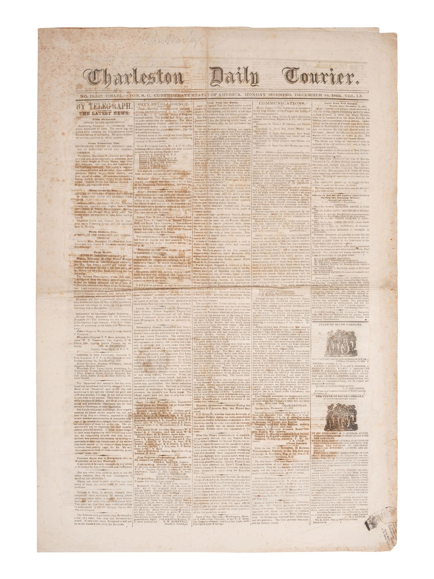 [CIVIL WAR]. A group of Civil War-era newspapers, comprising: