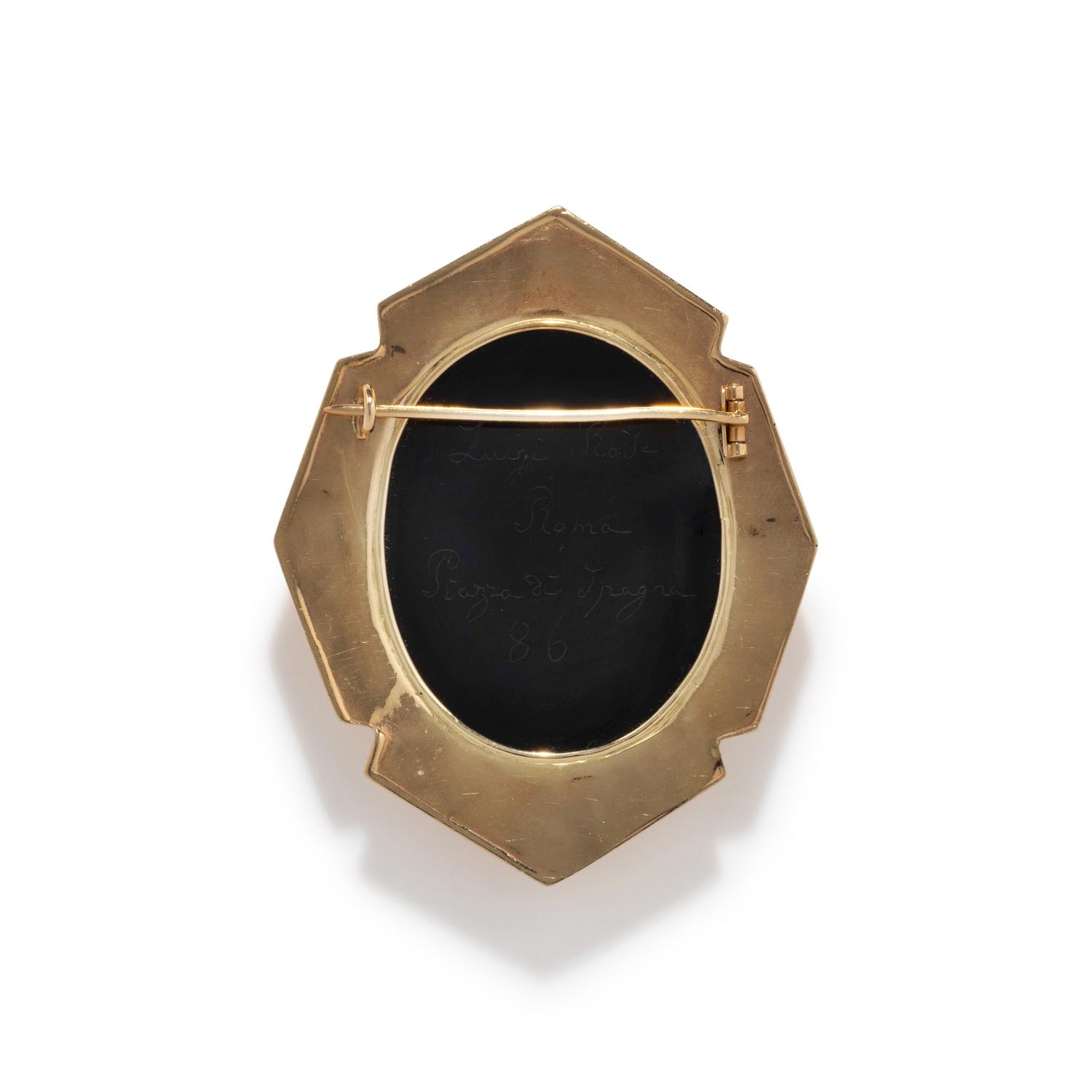 A Victorian Gold and Onyx Cameo Brooch with the Three Graces — The reverse inscribed 'Luigi Rosi Roma Piazza De Spagna 86'