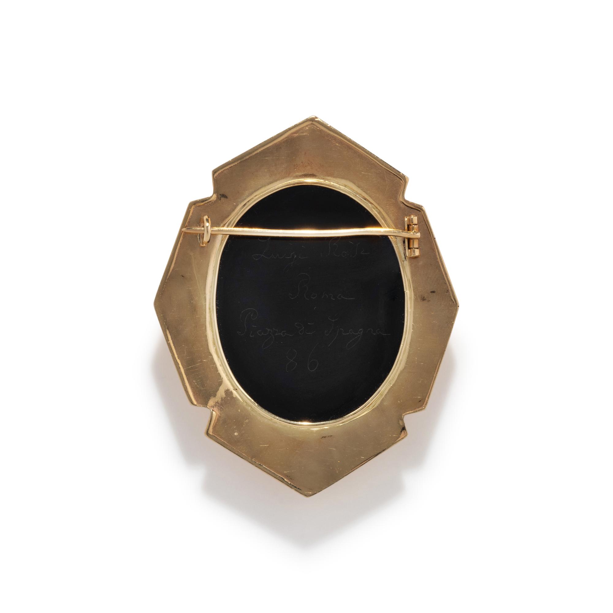 A Victorian Gold and Onyx Cameo Brooch with the Three Graces — The reverse inscribed 'Luigi Rosi Roma Piazza De Spagna 86'