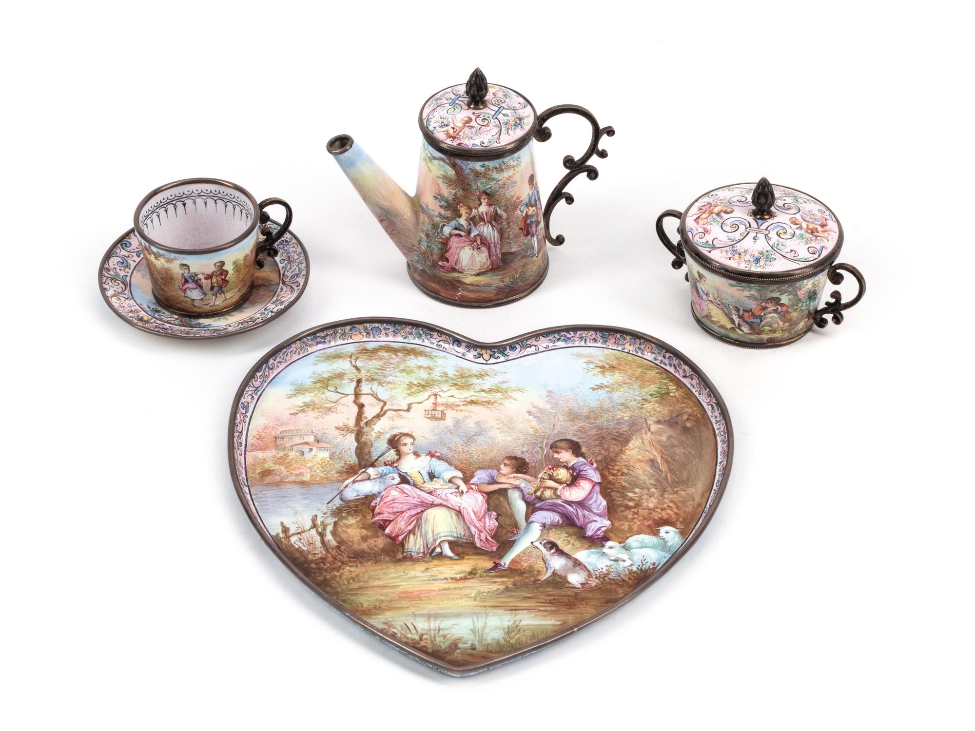An Austrian Enameled Silver Miniature Tea Service