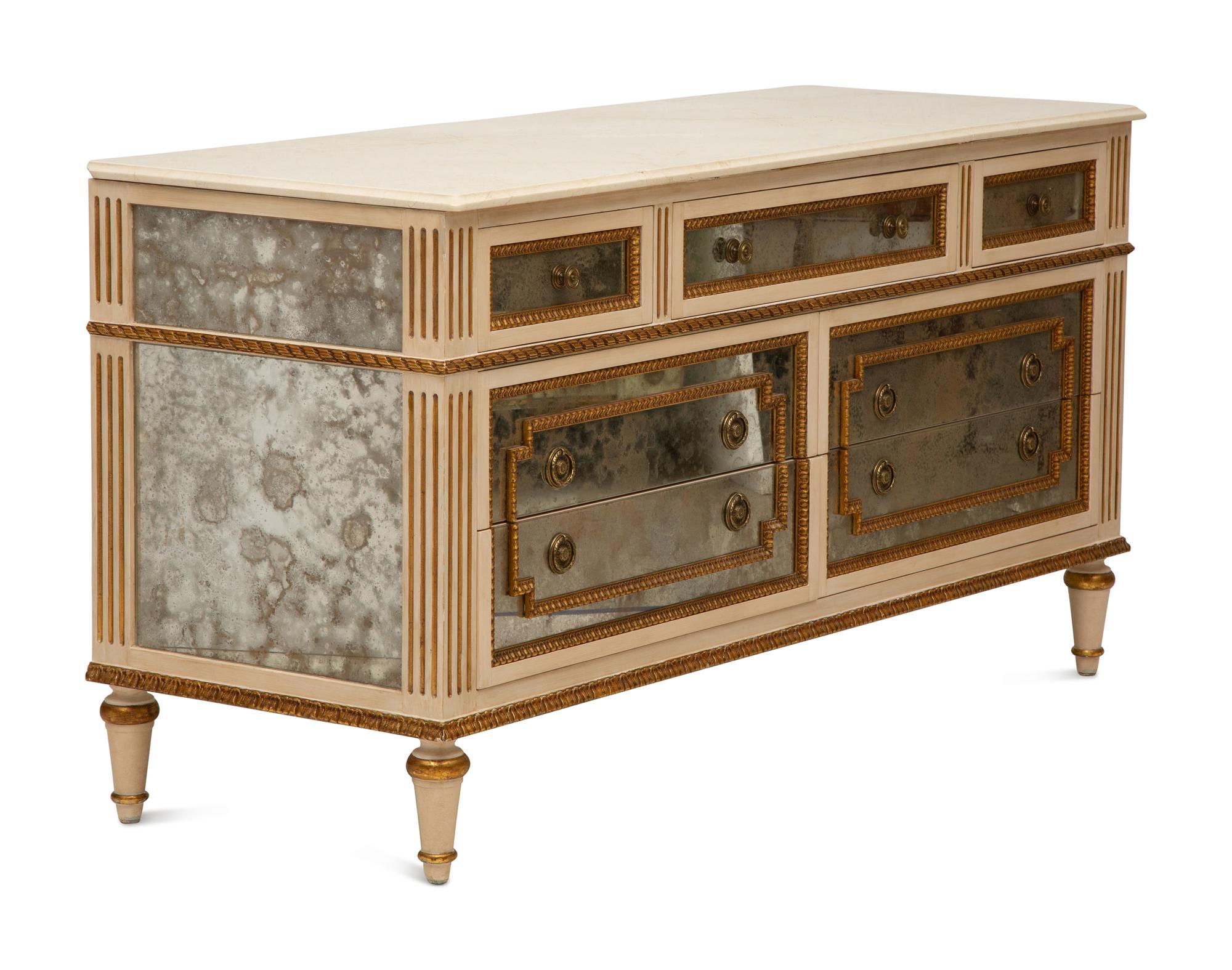 A Louis XVI-Style Painted and Mirrored Marble-Top Dresser
